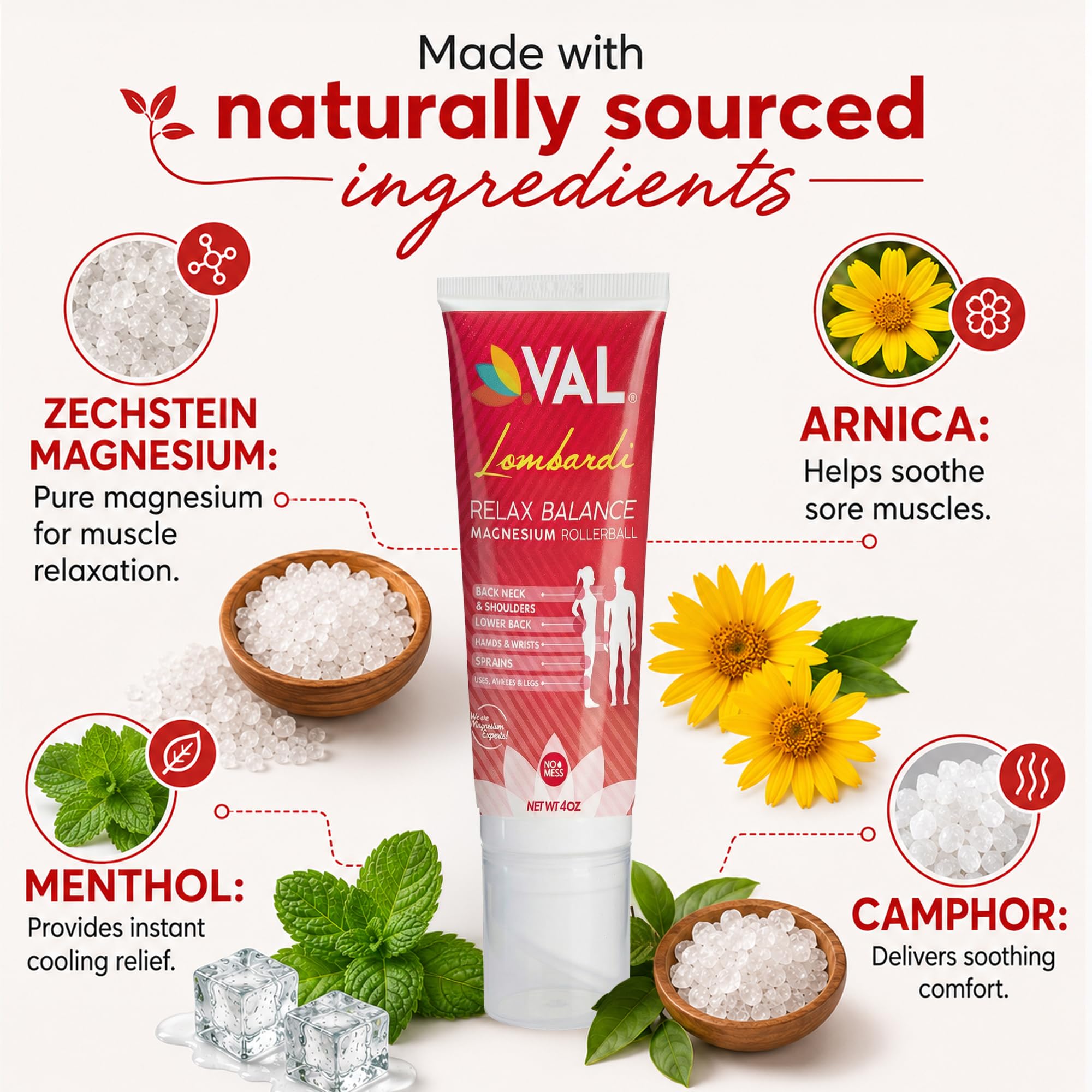 VAL Lombardi Relax Balance Magnesium Rollerball | Zechstein Magnesium + Herbal Extracts | Joint & Muscle Relief for Neck, Back, Legs | No Mess, Non-Greasy | 4oz — Amazon image 5