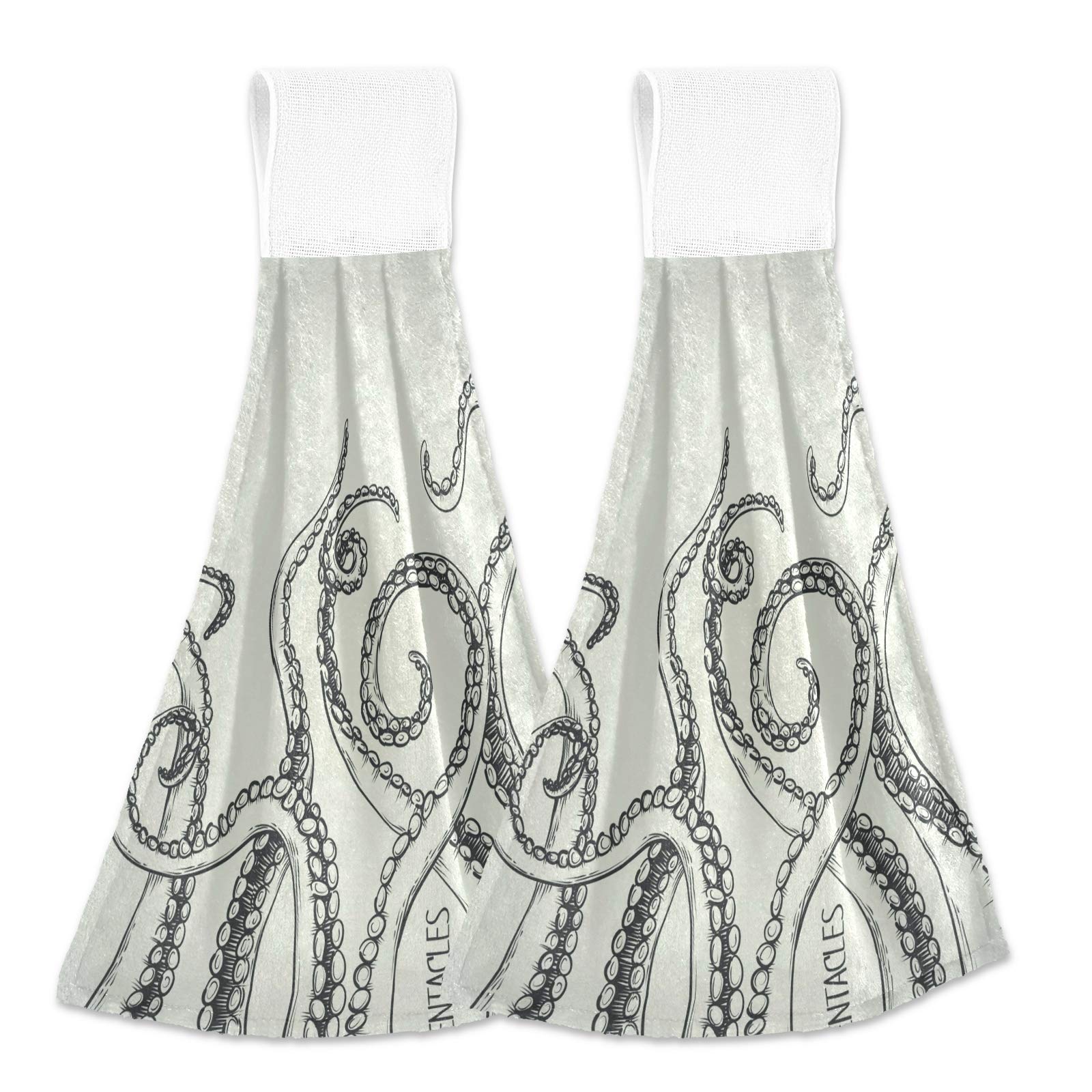 Nautical Sea Octopus Tentacles Hanging Hand Towels 2 Pack for Kitchen Bathroom, Soft Absorbent Coral Fleece Tie Towel Thick Microfiber Dish Towel