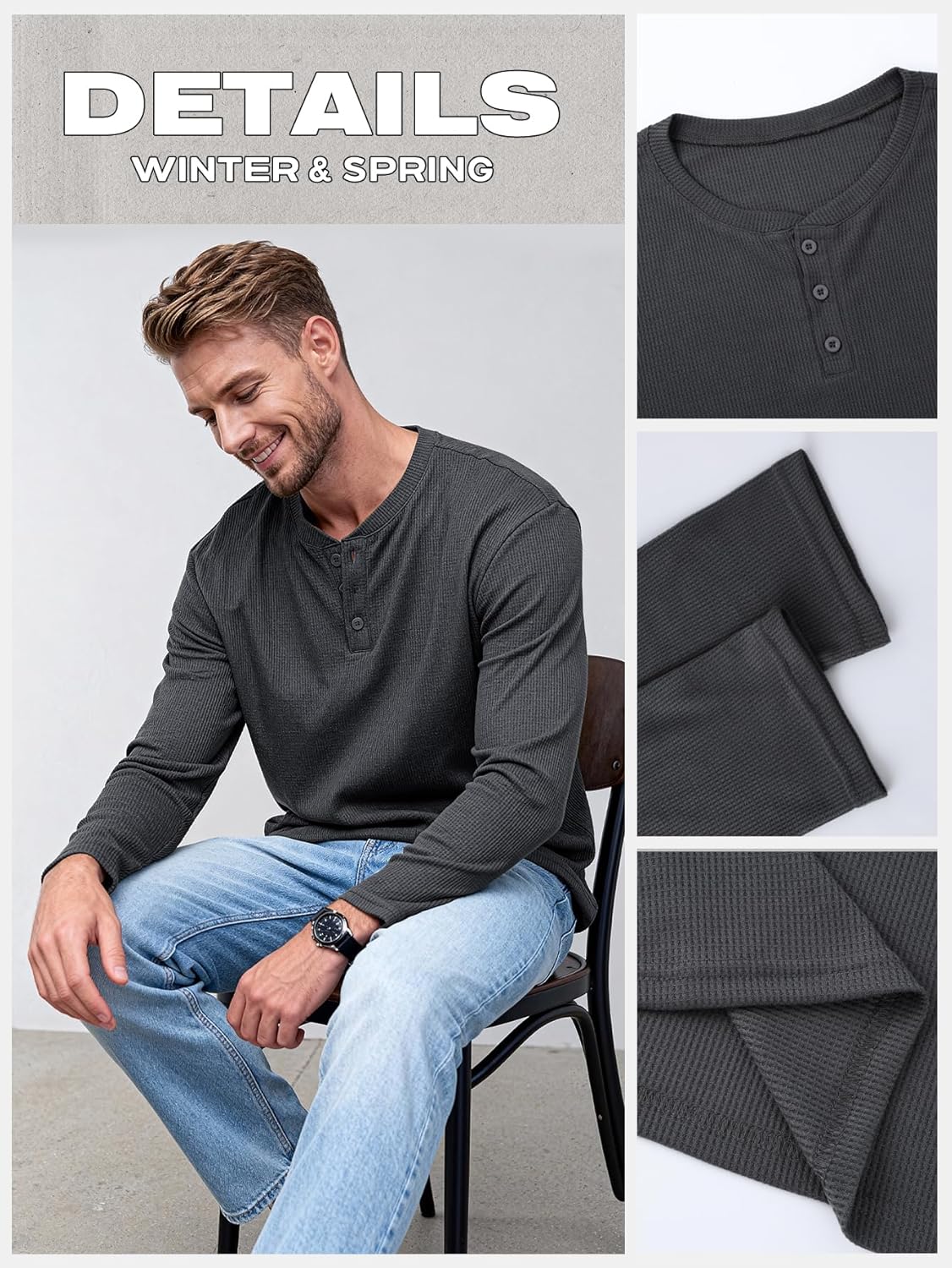 Arssm 3 Pack Mens Waffle Henley Shirts Long Sleeve Cotton Casual T-Shirts Lightweight Thermal Undershirts - Image 5