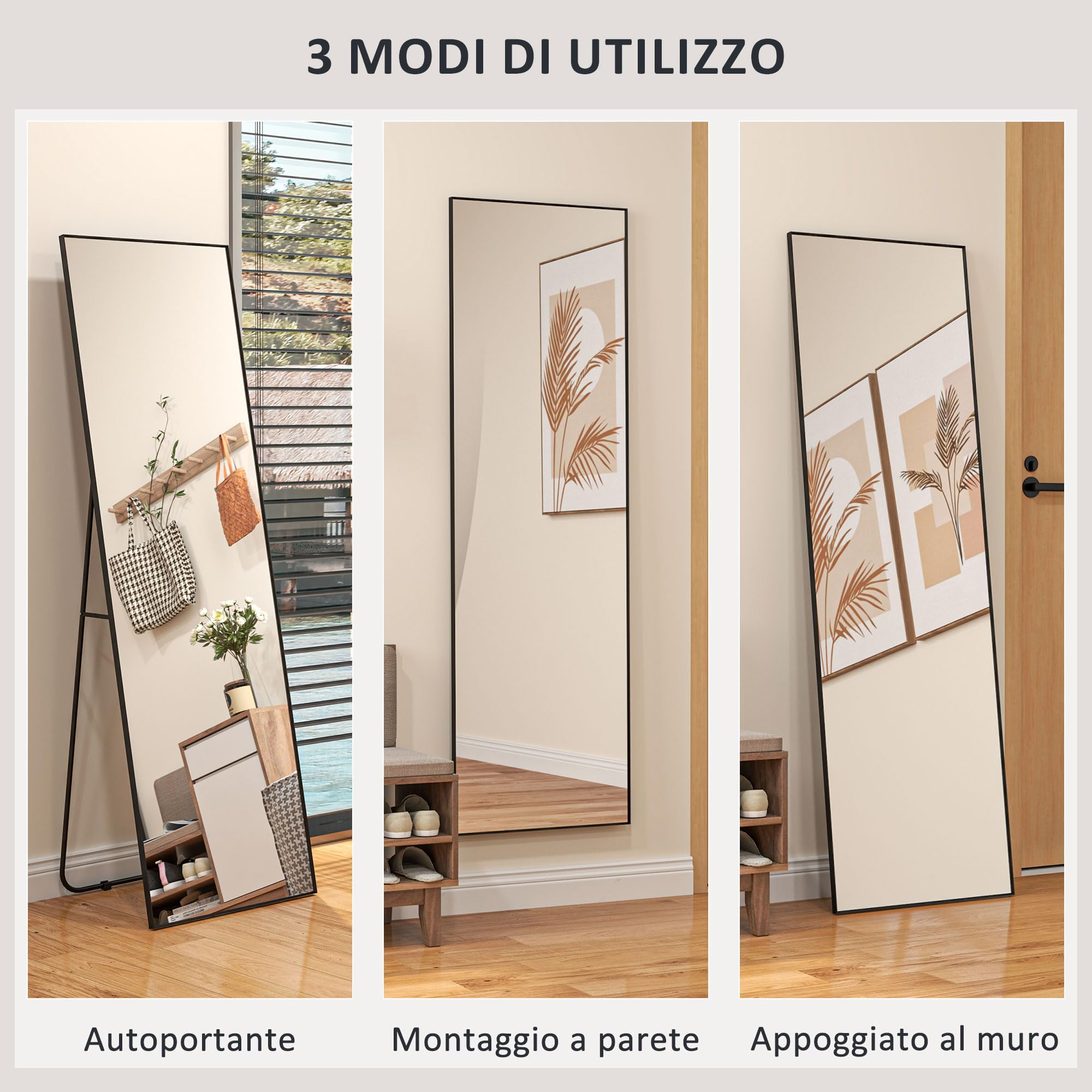 HOMCOM Specchio da Terra Moderno a Figura Intera, 40x150 cm Specchio da Parete e Autoportante Rettangolare con Cornice, Ganci e Supporto per Camera da Letto, Soggiorno e Ingresso, Nero