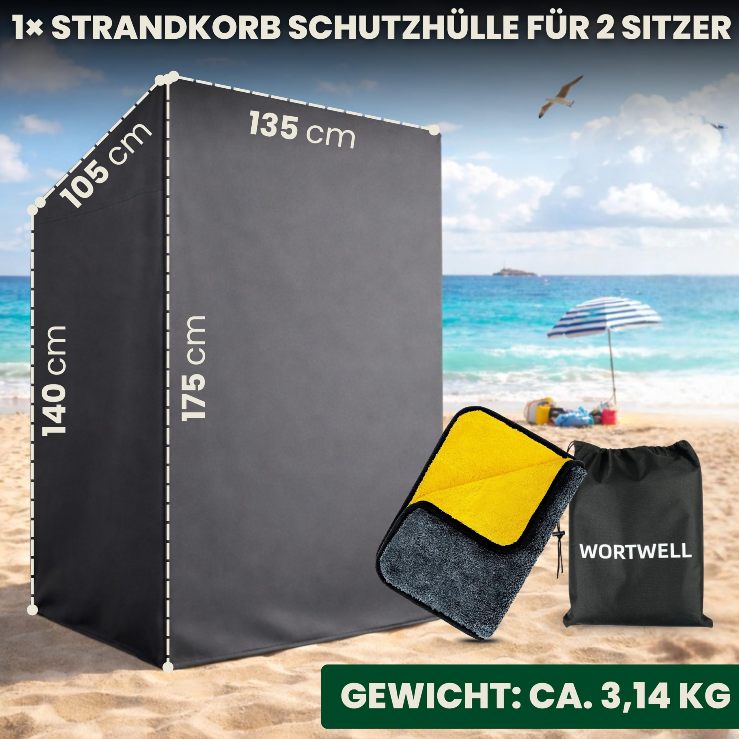 Strandkorb Schutzhülle winterfest Grau 2-Sitzer 600D Oxford Abdeckung Strandkorbhülle Abdeckhaube Abdeckplane wasserdicht 135x105x175/140 cm reißfest wetterfest TPU Beschichtung und Reißverschluss