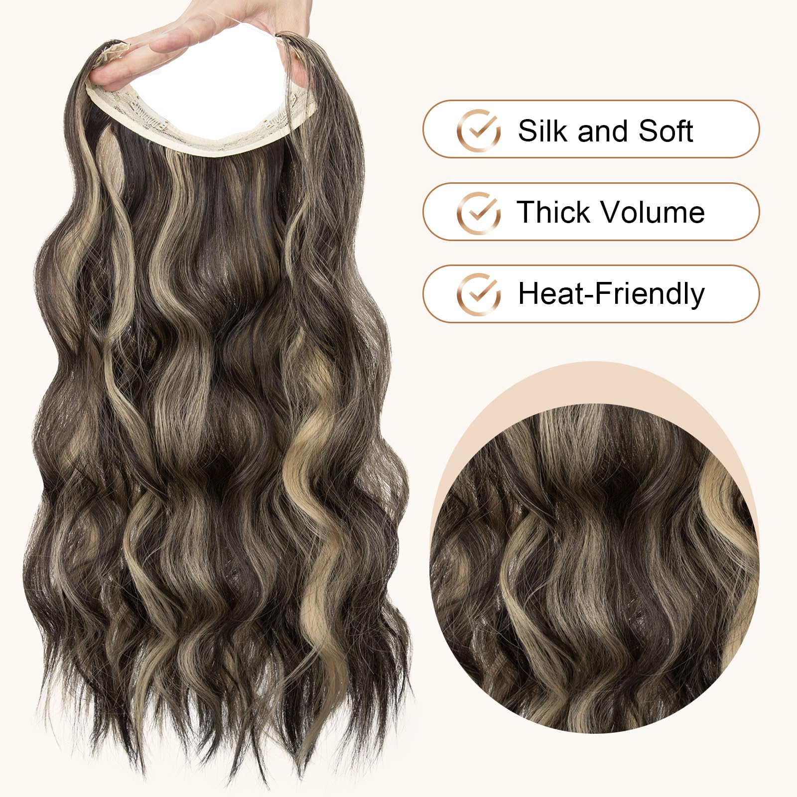 TESS Secret Wire Hair Extension Wavy Invisible One Piece Synthetic Hair Extensions Curly Full Thick Long Adjustable Hairpieces for Women (Dark Brown With Ash Blonde - Image 2