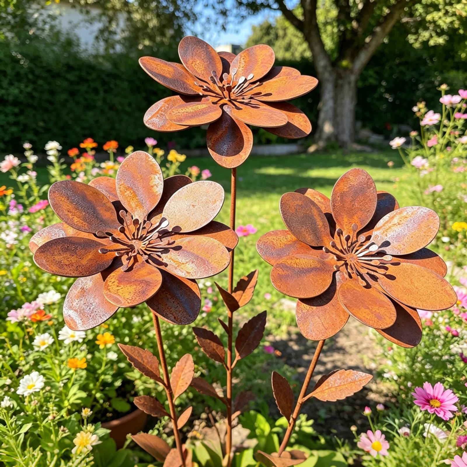 CLBDRESS Rustic Metal Coneflower Garden Stakes 14x4 Inch Vintage Rusty Cornflower Statues Stake Metal Artistic Wire Art Decor for Lawns Yards Patio Home Farmhouse Decoration