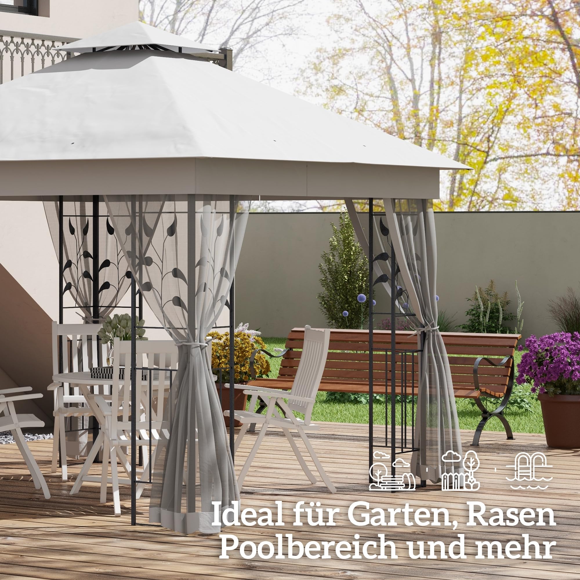 Outsunny Pavillon mit Doppeldach, 3x3 m Wasserabweisend Stabil Winterfest Gartenpavillon mit Moskitonetz, Garten Pavillon aus Stahl, Partyzelt für Garten, Terrasse, Hellgrau