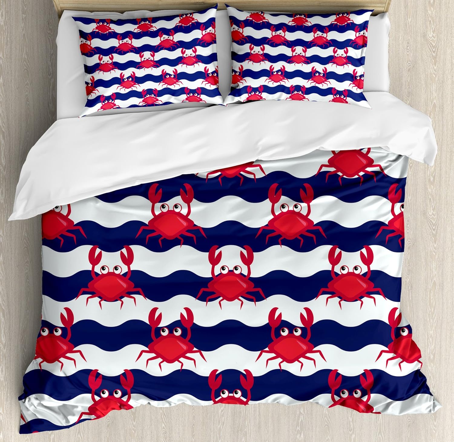Ambesonne Crabs Duvet Cover Set, Nautical Maritime Theme Crabs on Striped Background Illustration Print, Decorative 3 Piece Bedding Set with 2 Pillow Shams, King Size, Red Blue King Red Blue