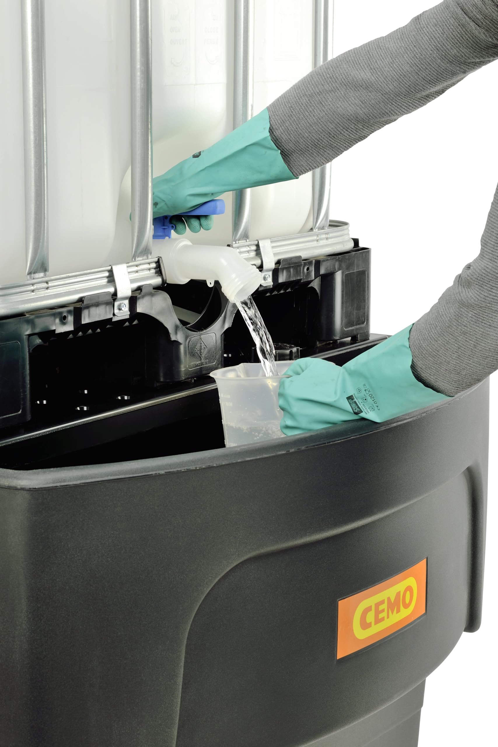 CEMO | Cubeta colectora de PE para contenedores depósito IBC/KTC | para 1 IBC/KTC con Recipiente de trasiego antepuesto | con Placa Perforada de PE