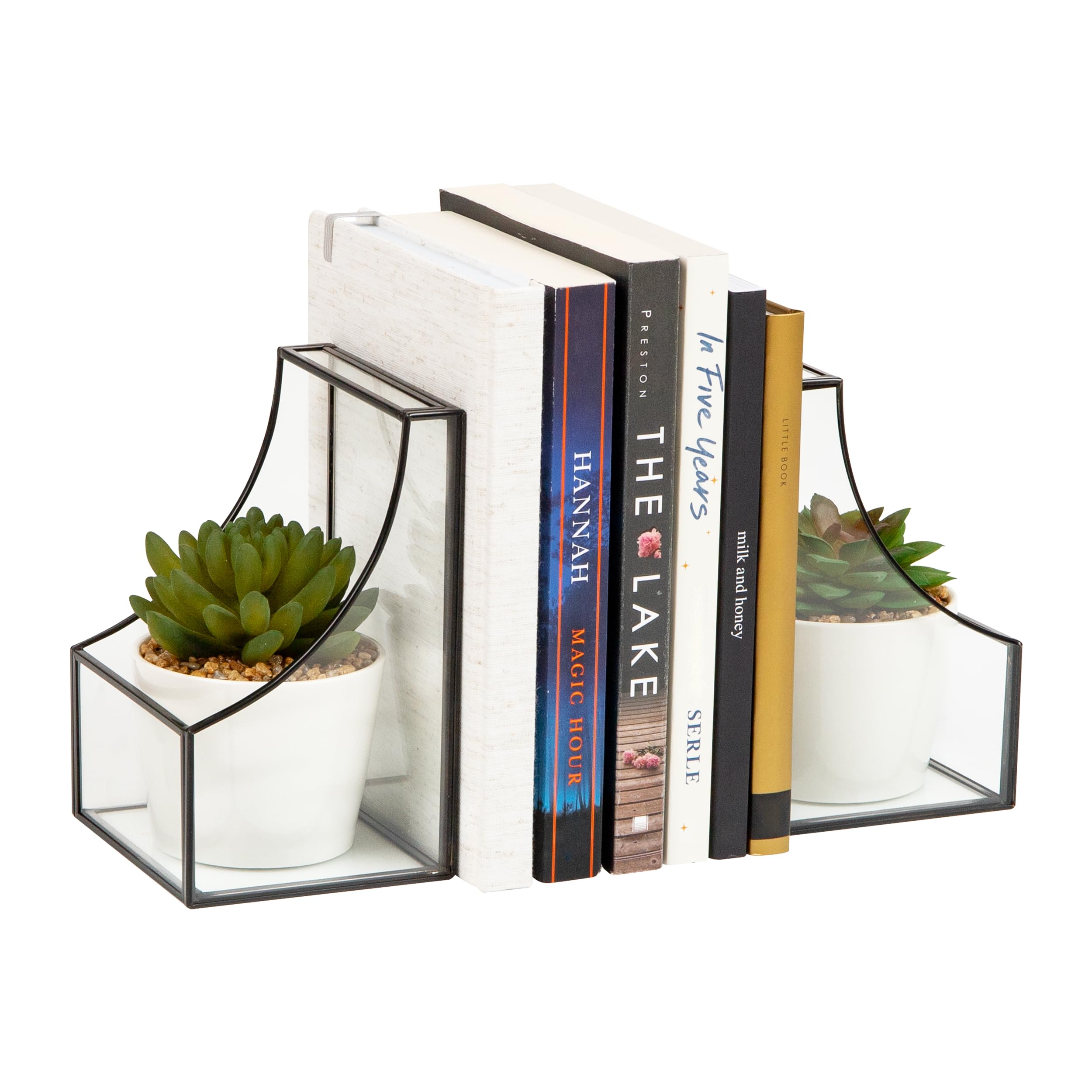 Serre-livres en métal noir et verre transparent pour rangement de bureau moderne