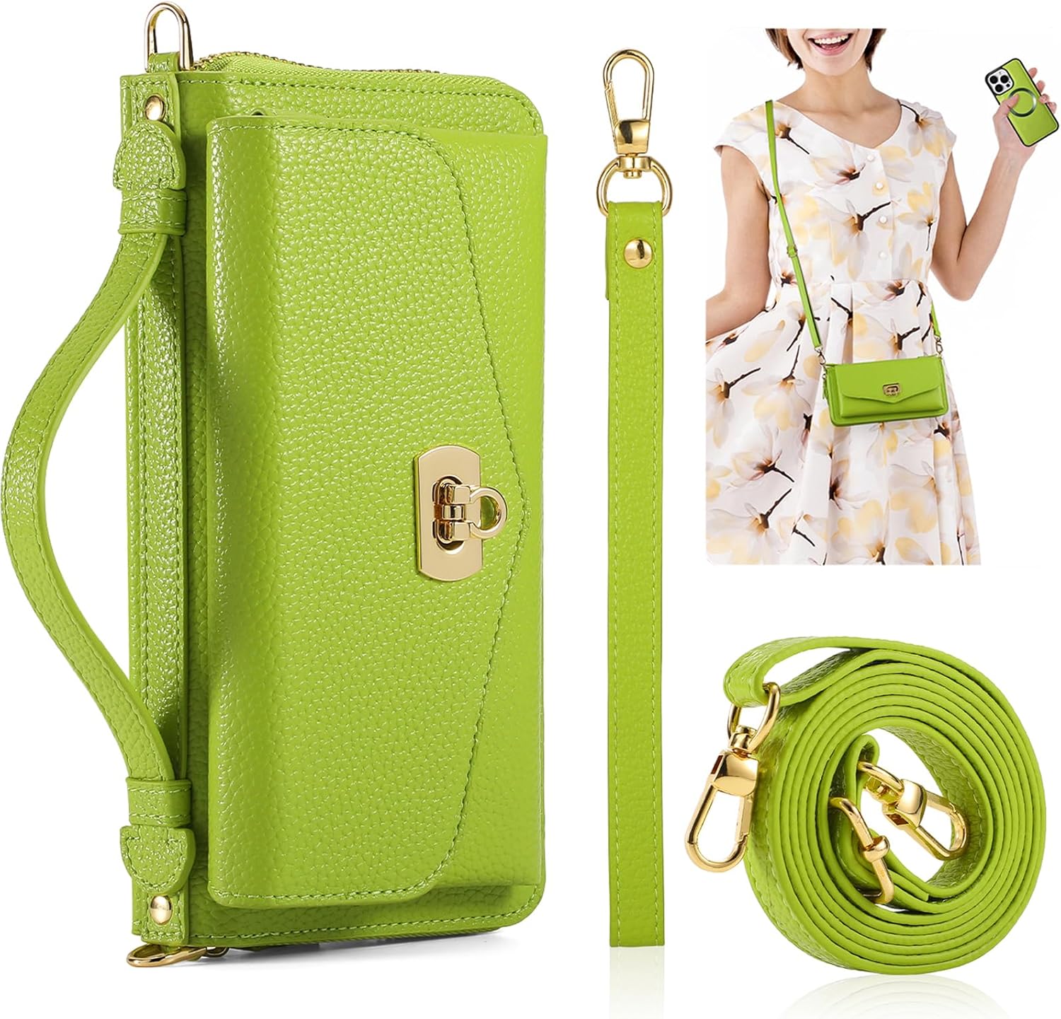 REEGINCH Crossbody Wallet Case for iPhone 16 Pro Max, Magnetic Detachable Floral PU Leather Phone Case with RFID Blocking Card Holder Wristlet Mirror Flip Zipper Shoulder Purse for Wome - Green