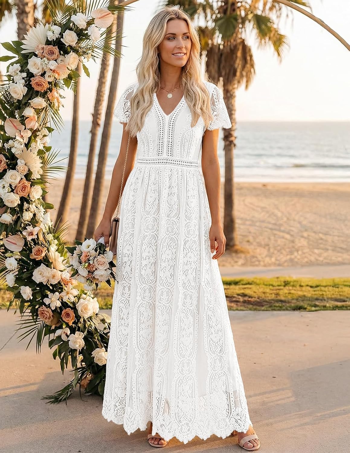 MEROKEETY Women's 2026 V Neck Short Sleeve Floral Lace Wedding Dress A Line Boho Bridesmaid Cocktail Party Maxi Dress
