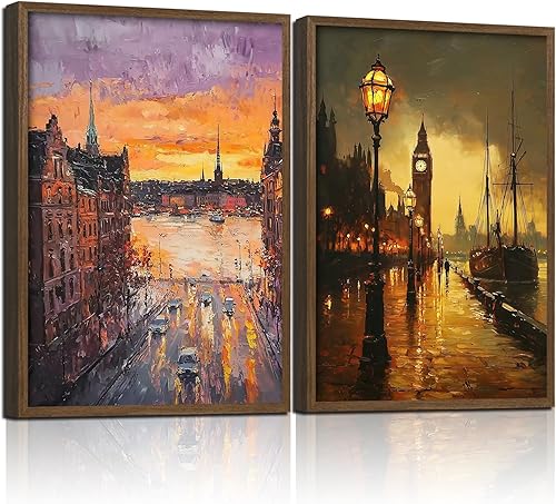 2 piezas de pintura al óleo enmarcada en madera, arte de pared, arte de pared vintage de ciudad, impresión en lienzo de anochecer paisaje, póster