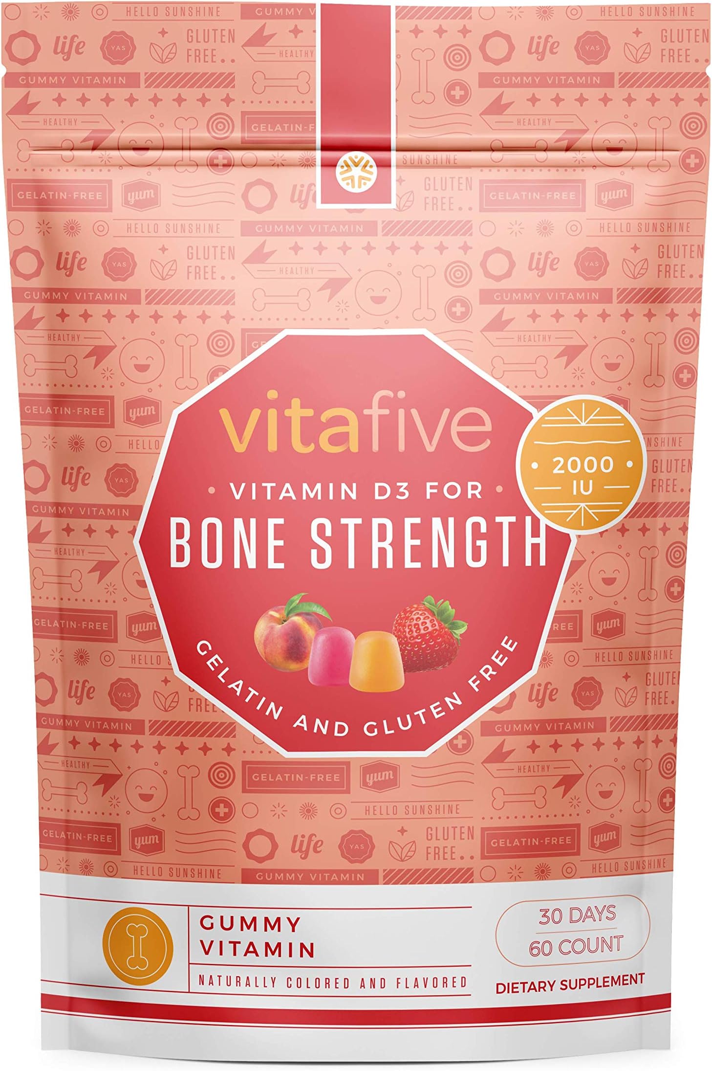 Vitafive Healthy Bone Strength Vitamin D3 2000 IU Gummy Vitamins - Natural Flavors, Vegetarian, Gluten Free, Allergen Free Gummies, Kosher, Halal - 60 Count