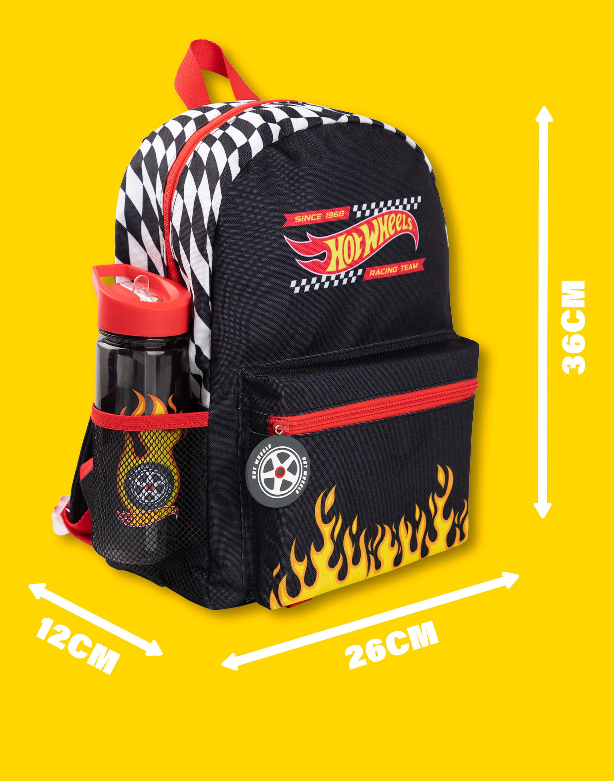 Hot Wheels Boys sac à dos ensemble | Sac à dos noir 4 pièces pour enfants avec sac d’école, étui, sac à lunch et bouteille d’eau | Feu ligne d’arrivée graphique complet assorti ensemble