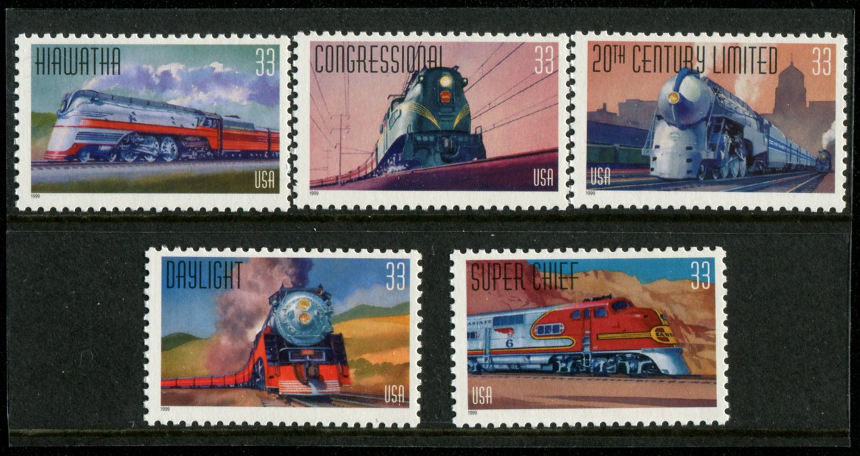 PSA Famous Passenger Trains of The 1920s and 1930s Collectible Postage Stamps 5 Different