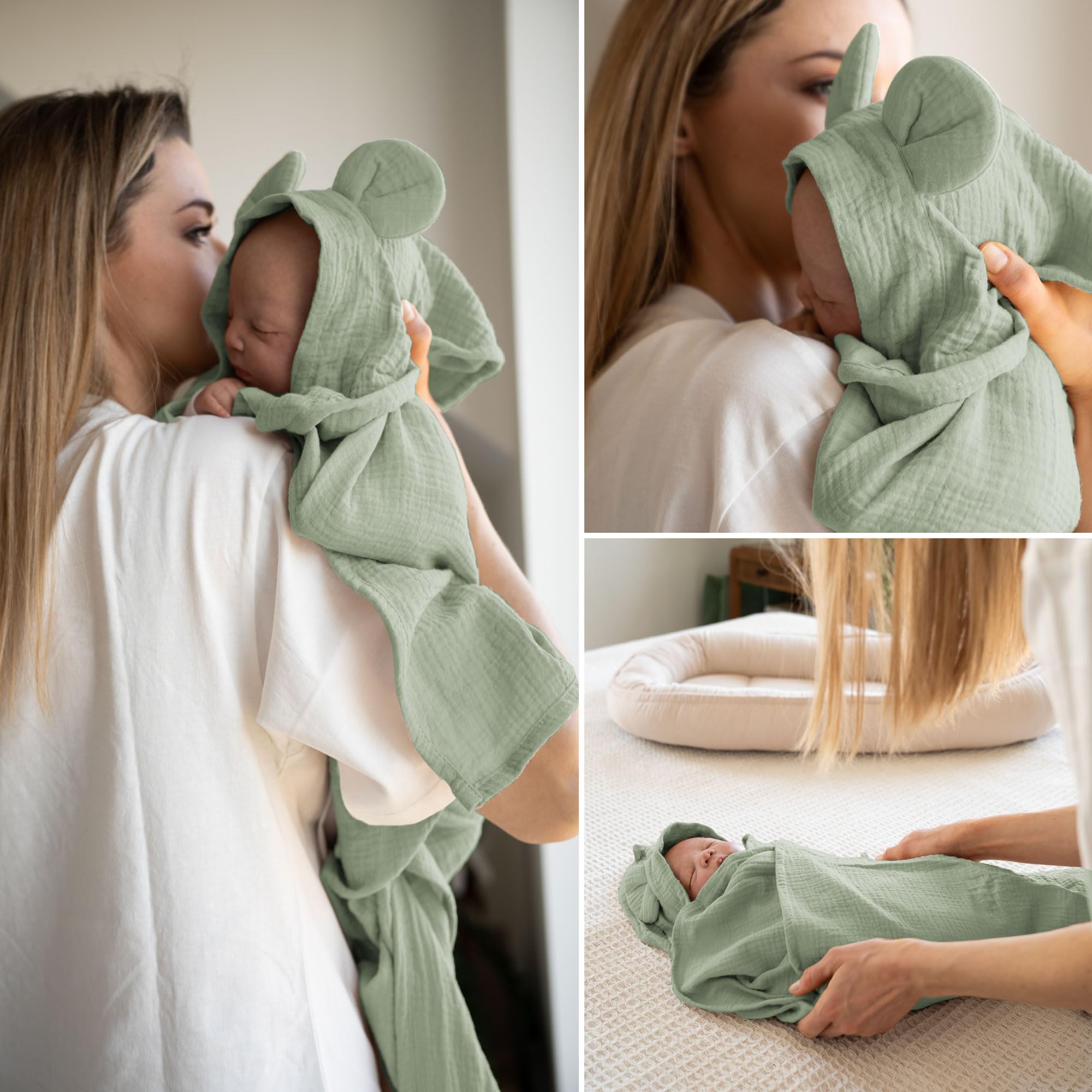 PaLulli® Tour de lit en Mousseline 2 côtés avec Chiffon d'emmaillotage, Mousseline Respirante - Serviette avec Capuche et Oreilles Cousues - 100% Mousseline Öko-Tex (Vert Sauge)