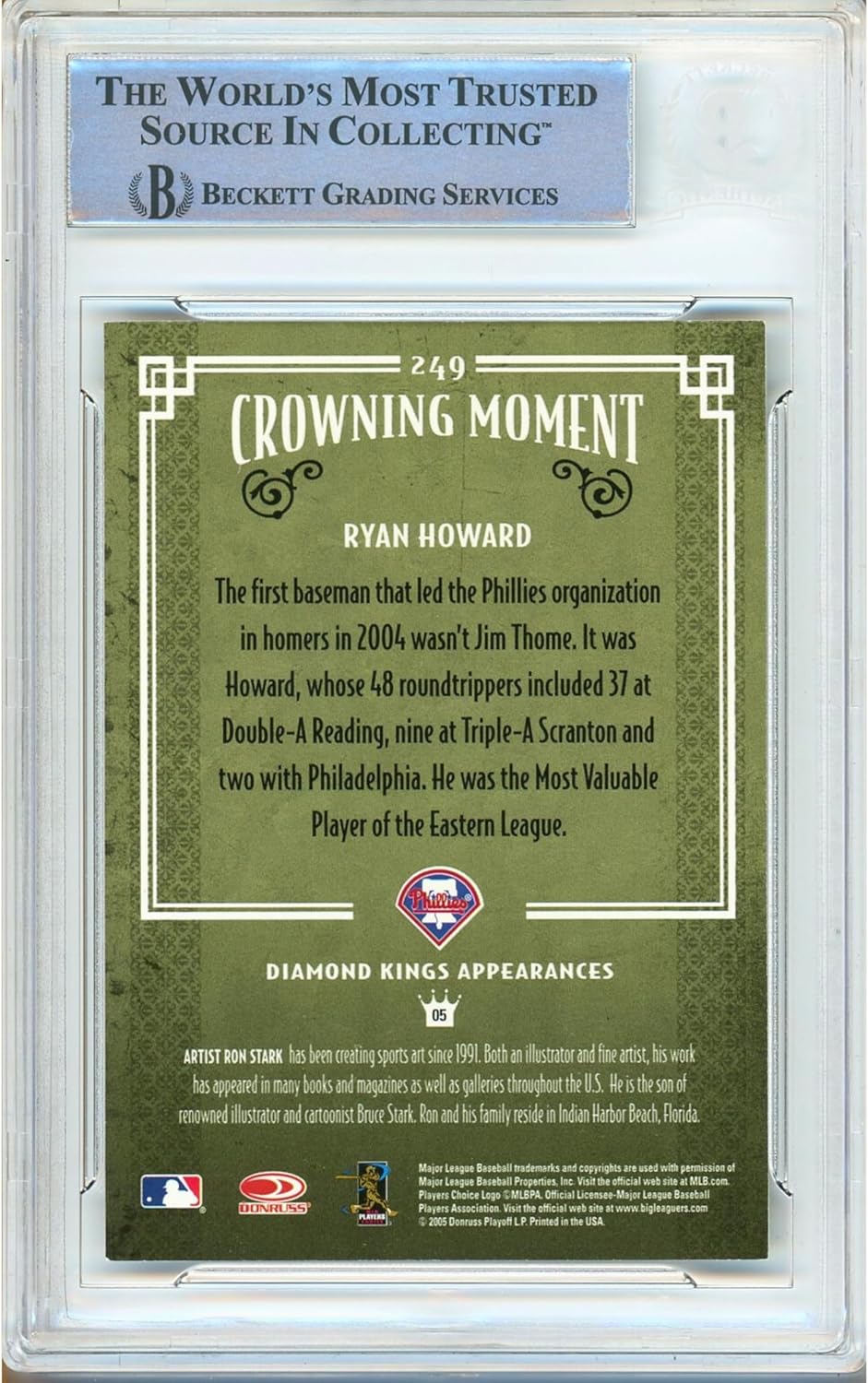 Ryan Howard Autographed 2005 Donruss Diamond Kings #249 Baseball Trading Card Slab Beckett BAS Authentic Slabbed COA Played For Philadelphia Phillies MLB