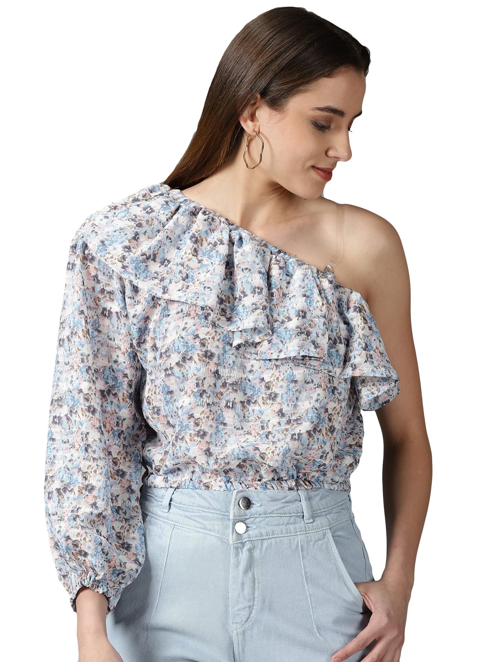 Women's Printed Blue Cinched Waist Top-KG-4132_Blue_XS