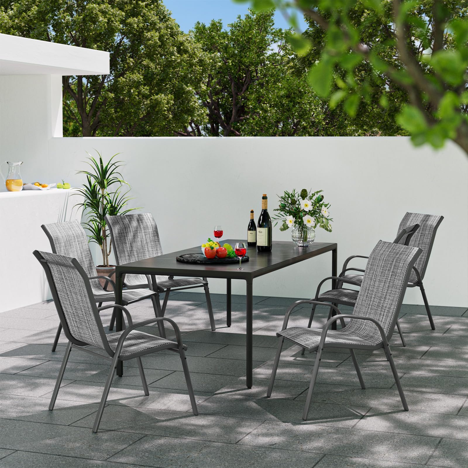 UDPATIO 6er Set Gartenstühle Stapelbare, 55cm Breiter Hochlehner Gartenstuhl, Stapelstühle aus Textilene, Atmungsaktive Terrassenstühle für Balkon, Terrasse, Garten, Grau