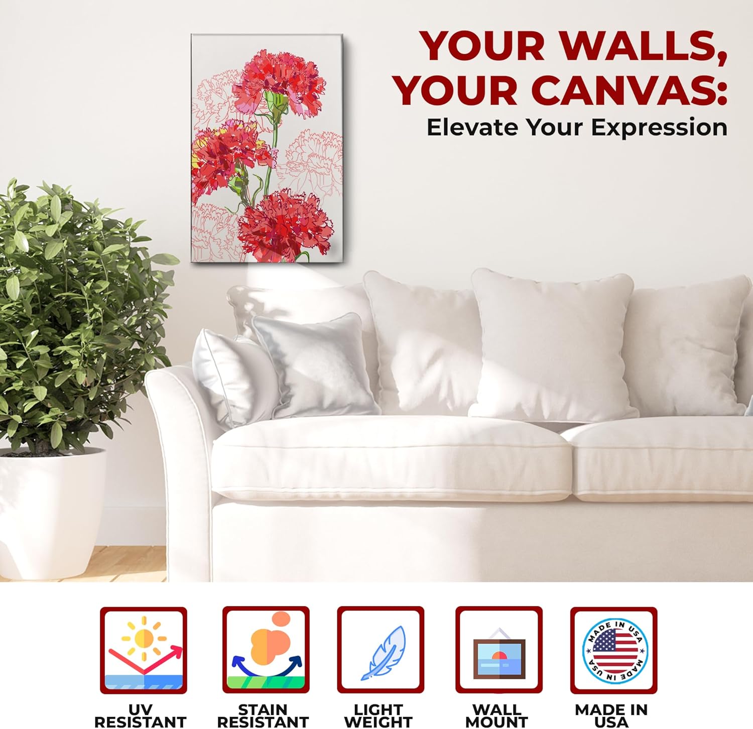 Carnation Canvas Wall Art by Mavis Print- 12x16 inches Floral Wall Decor | HD Printed & Wooden framed wall art | Modern Wall Decor for Bedroom, Living Room, Office, Kids Room | Made in USA