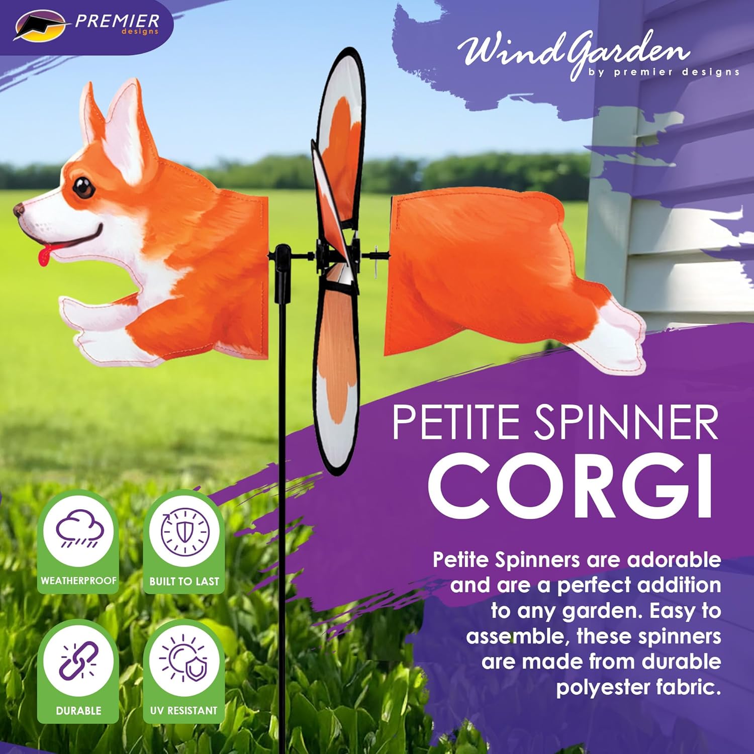 Premier Kites Petite Spinner Corgi – Whimsical Wind Spinner for Yard & Garden, Durable Weather-Resistant Fabric, Easy to Assemble, Outdoor Decor for Patios, Lawns, & Fairy Lovers