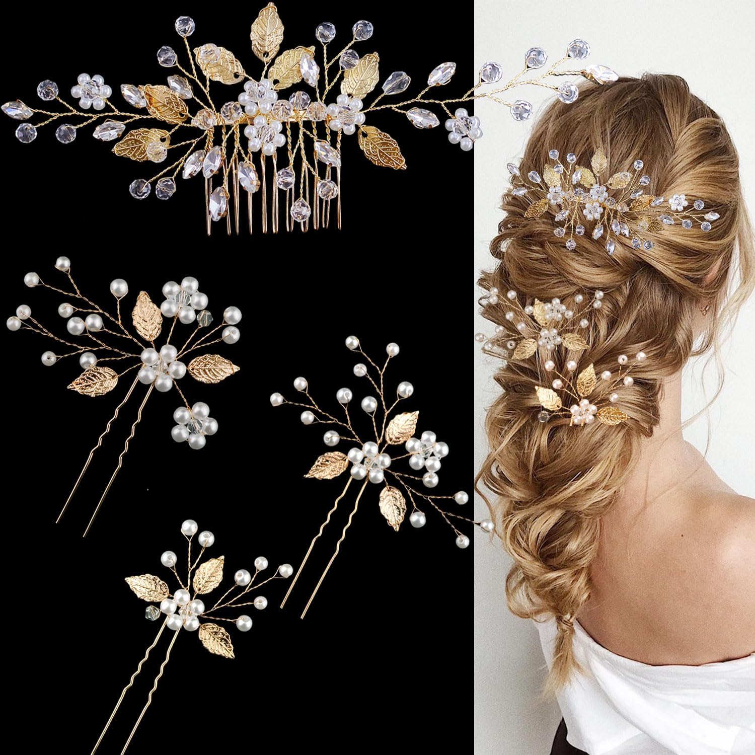 4 Pieces Gold Leaf Bridal Hair Pins, Crystal Wedding Hair Accessories - Hair Comb with Rhinestone Hair Pins and Pearls for Bride, Bridesmaids, Flower Girls Golden Leaf