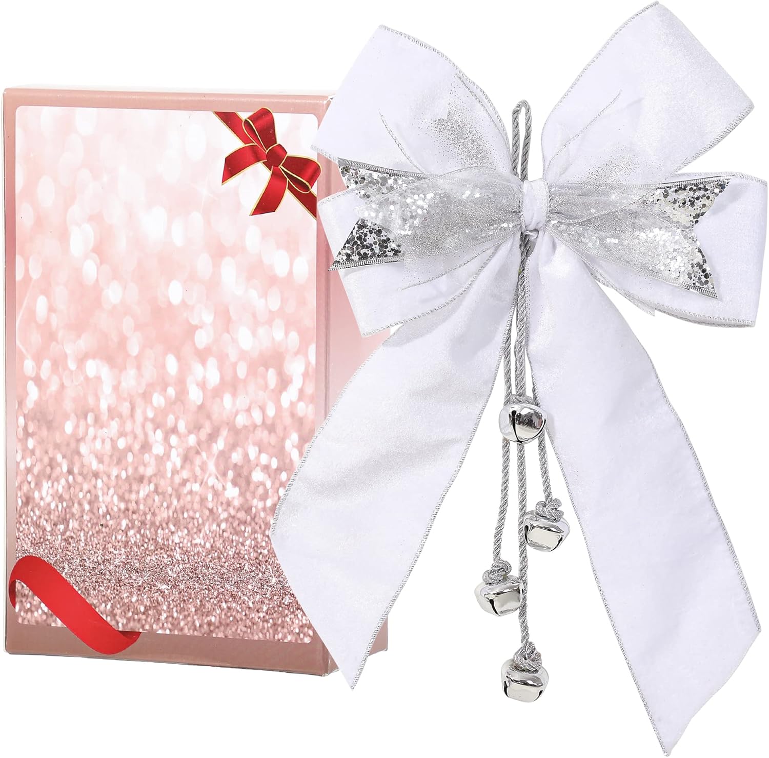 White Christmas Tree Topper Bow with Jingle Bells, Silver Ribbon Bow