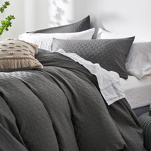 Miniatura 3 de Senville Juego de funda de edredón gris tamaño King, funda de edredón tamaño King, 3 piezas, suave y transpirable, texturizada, con cierre de