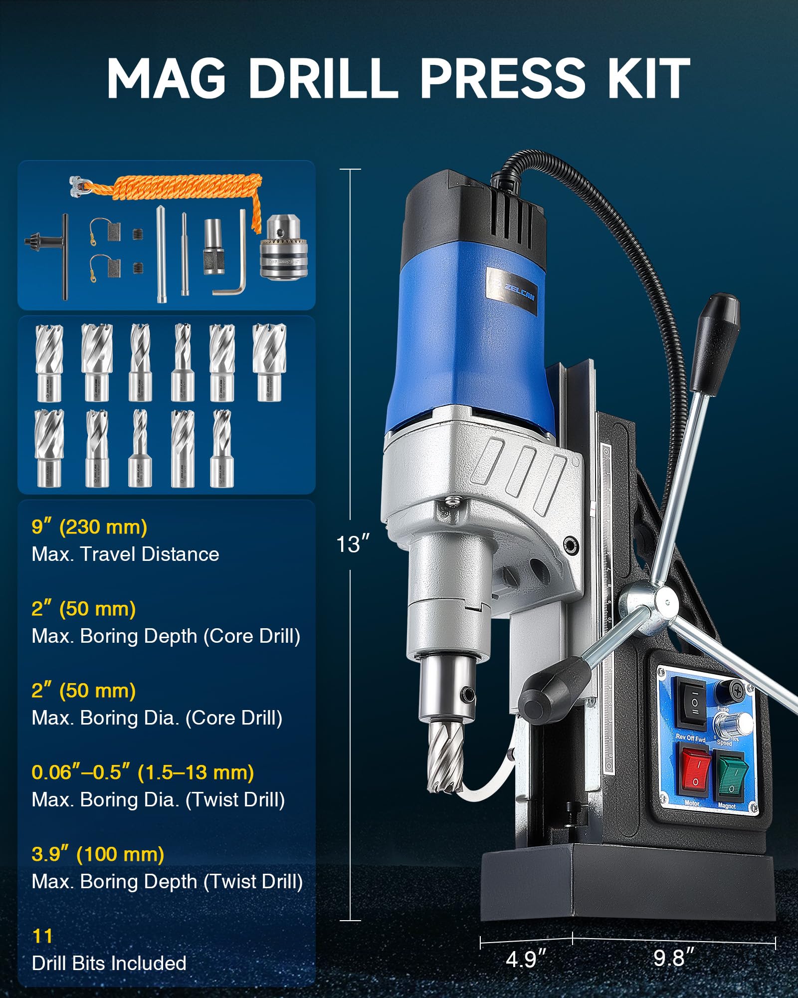 ZELCAN Mag Drill Press - 1550W, 2" Boring -8