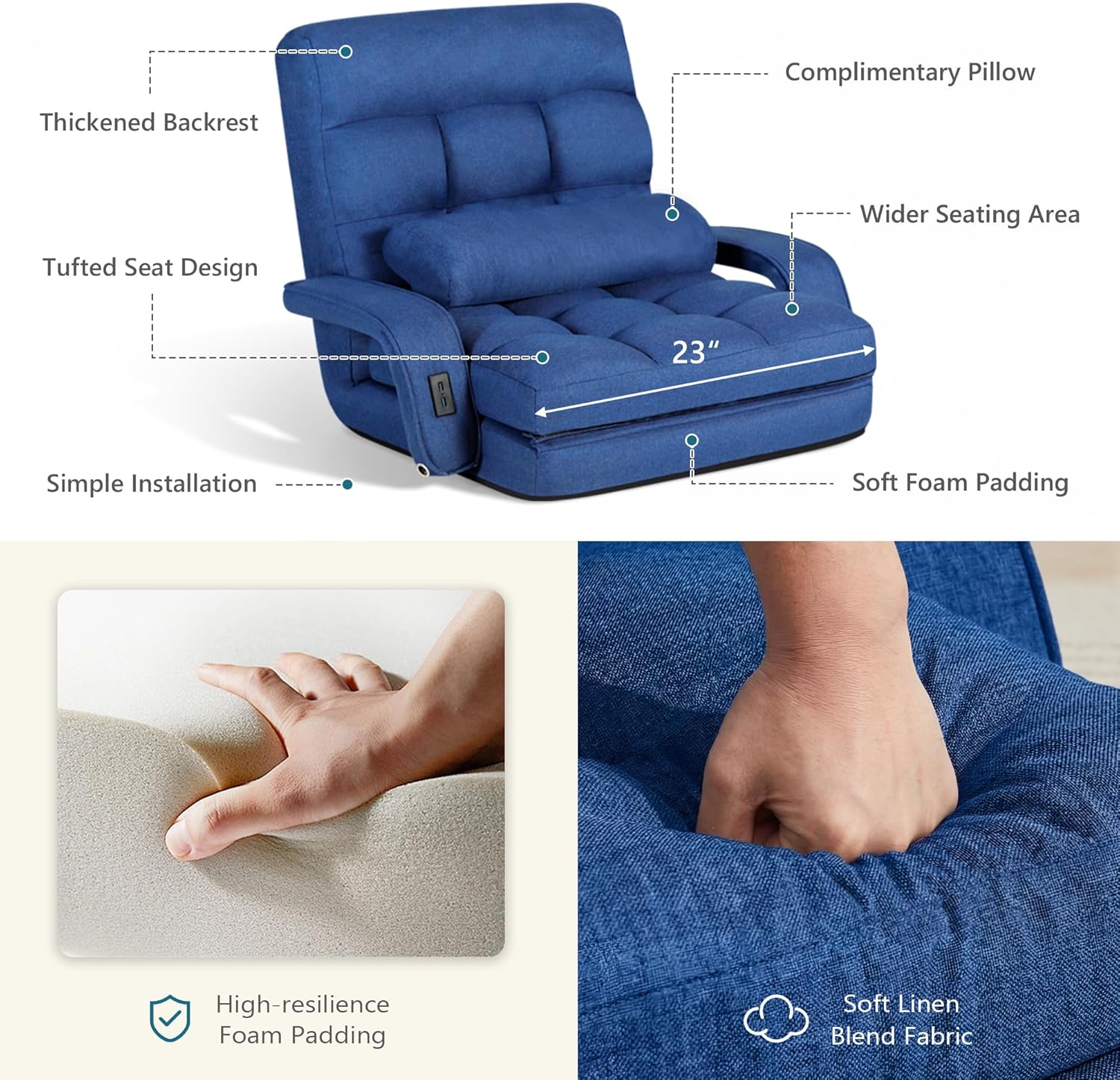 STHOUYN Comfy Floor Chair, Gaming Lounge Couch Chair Bed with 2 USB Charger & 5-Position Adjustable Back, Lazy Folding Sofa Bed, Convertible Sleeper Chair for Living Room, Bedroom, Dorm (Blue)