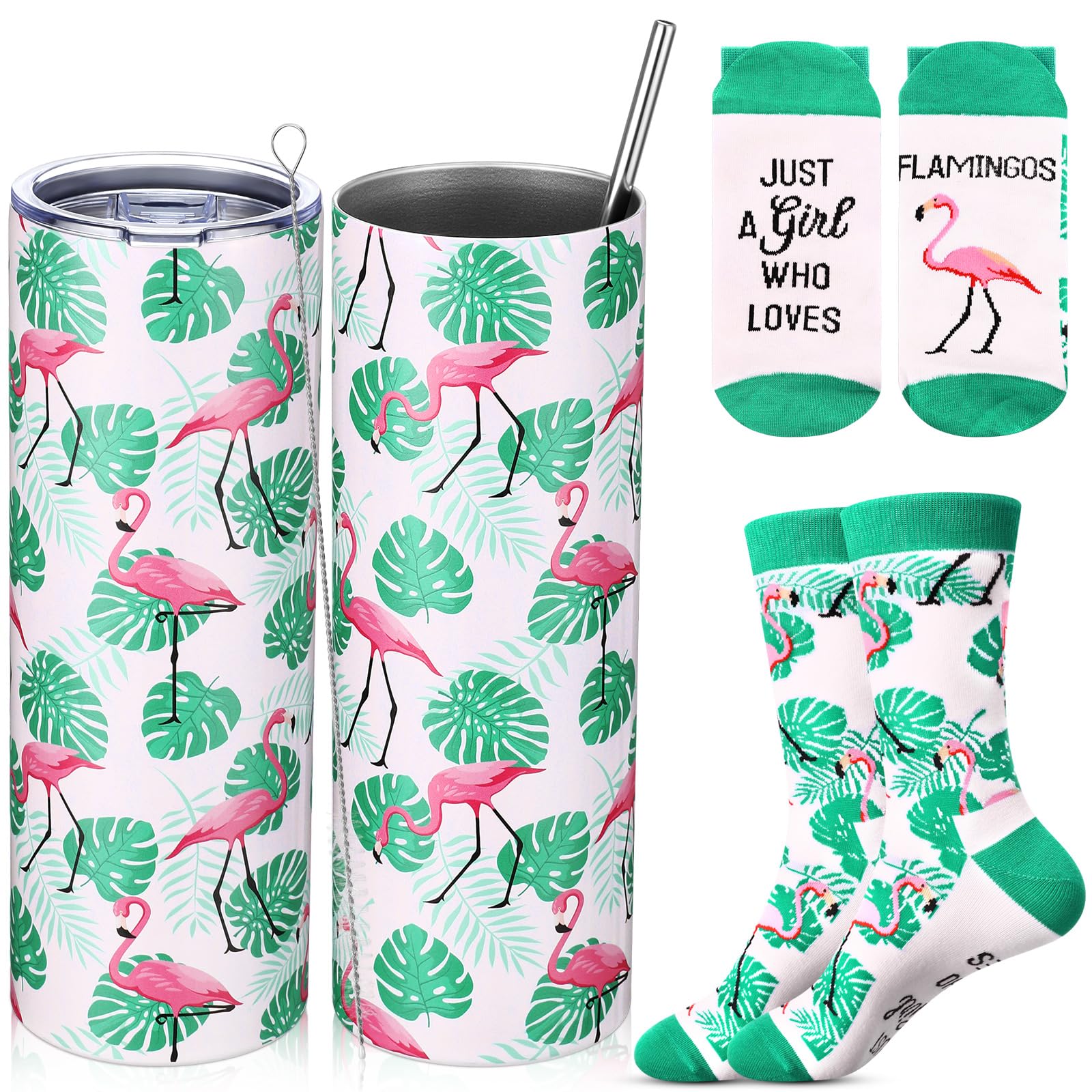 Funnymoom 2 Pack Flamingo Themed Gifts Set Skinny Tumbler 20 oz Travel Coffee Novelty Cute Animals Mug Socks, Christmas Birthday Party Favors