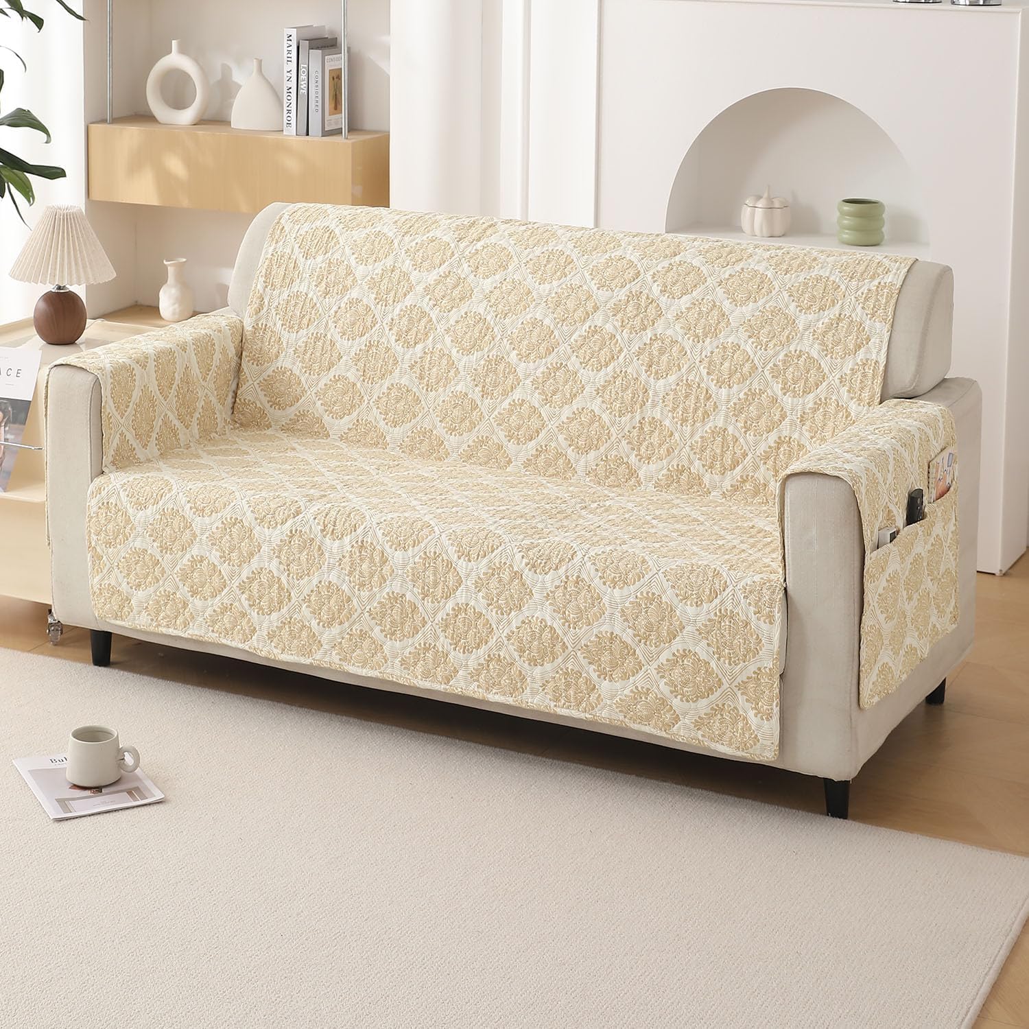 HOKIPO 'VivaCasa Series' Polyester 2 Seater Quilted Sofa Cover with Pockets, Ogee Ivory (NEW3-IN-739-D6)-image-5