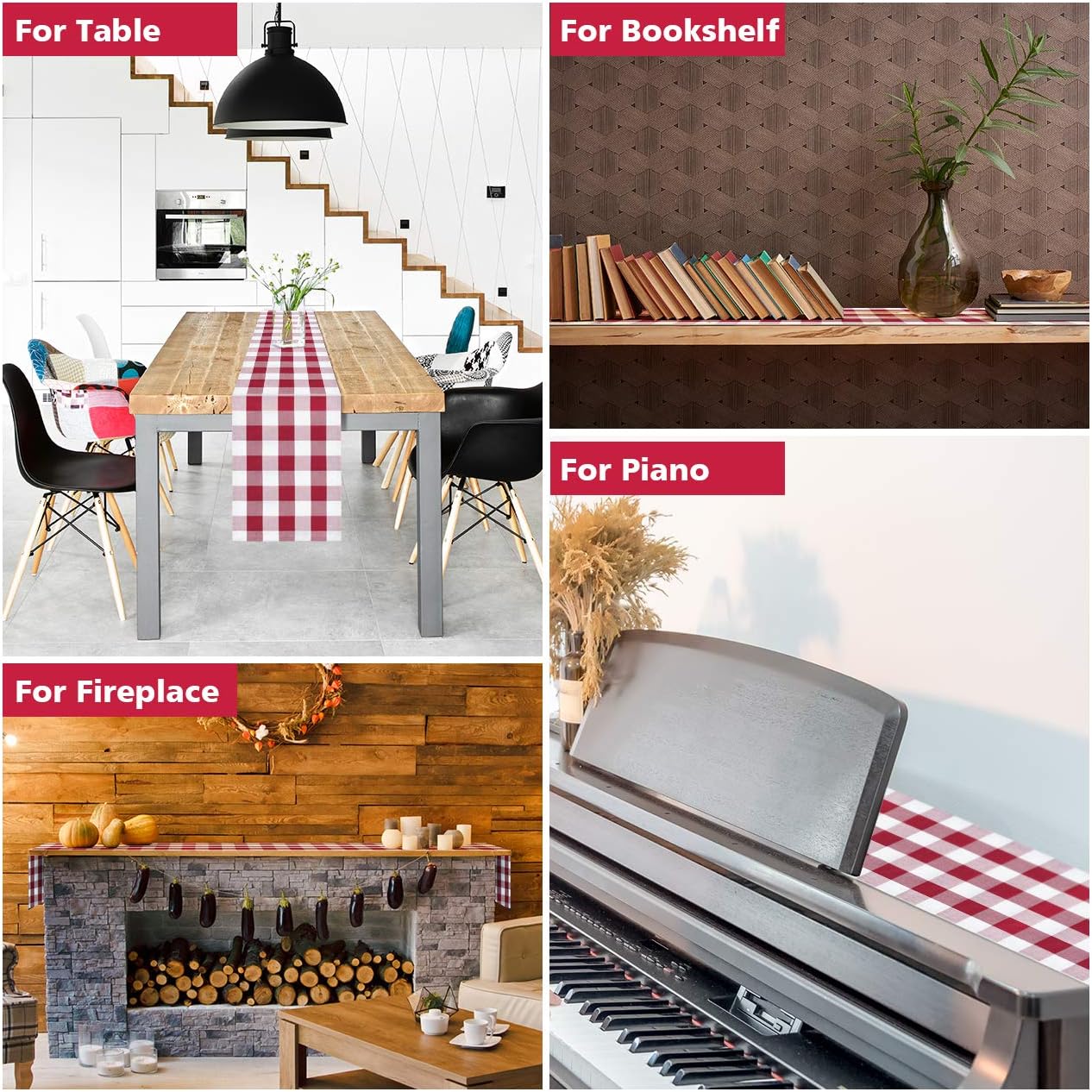 Syntus 14 x 72 inch Buffalo Check Table Runner Cotton-Polyester Blend Handmade White and Red Plaid for Family Dinner, Outdoor or Indoor Parties, Farmhouse, Thanksgiving, Christmas & Gathering