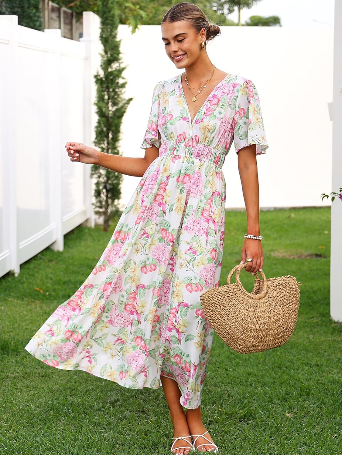 Womens V Neck Flutter Sleeve Boho Midi Dress Summer Wedding Guest Beach Party Long Dresses - Image 6