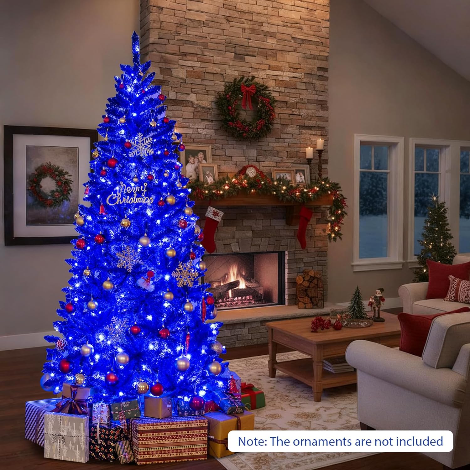 GOFLAME 7FT Pre-lit Artificial Christmas Tree, Hinged Xmas Tree with Royal Blue Flocked Branch Tips, 340 Dimmable LED Lights, 3 Lighting Modes, Timer & Remote, Holiday Decoration Tree for Home Party