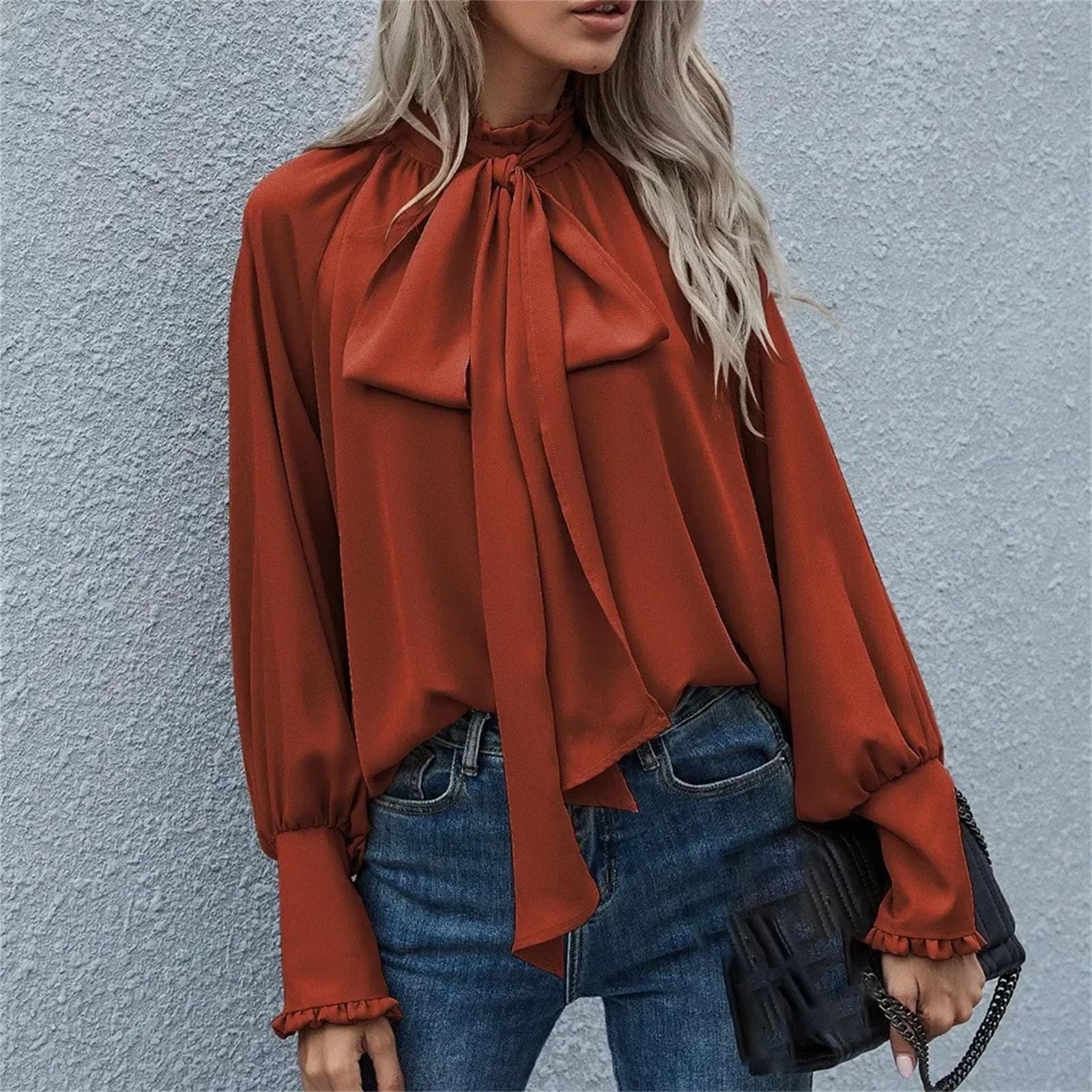 Camicia da donna a collo alto con fiocco e maniche a bolle allentata elegante top con scollo rotondo per abiti casual quotidiani