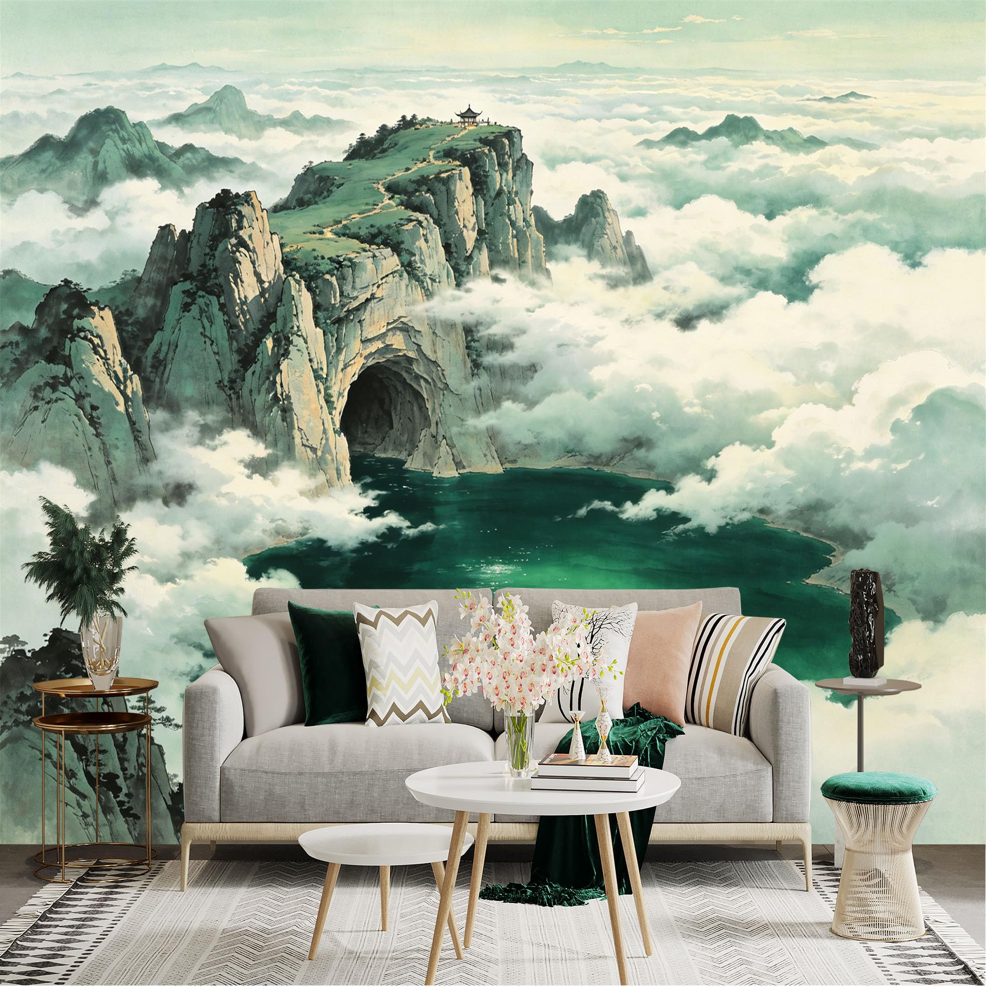Lnzczhyre Dbh260521564 Custom Size Wall Sticker Mural， Oriental Landscape， Misty Mountain Peaks， Ancient Pavilion On Cliff， Serene Emerald Lake， For Wall Decoration， Peelandstick Wall Decals.