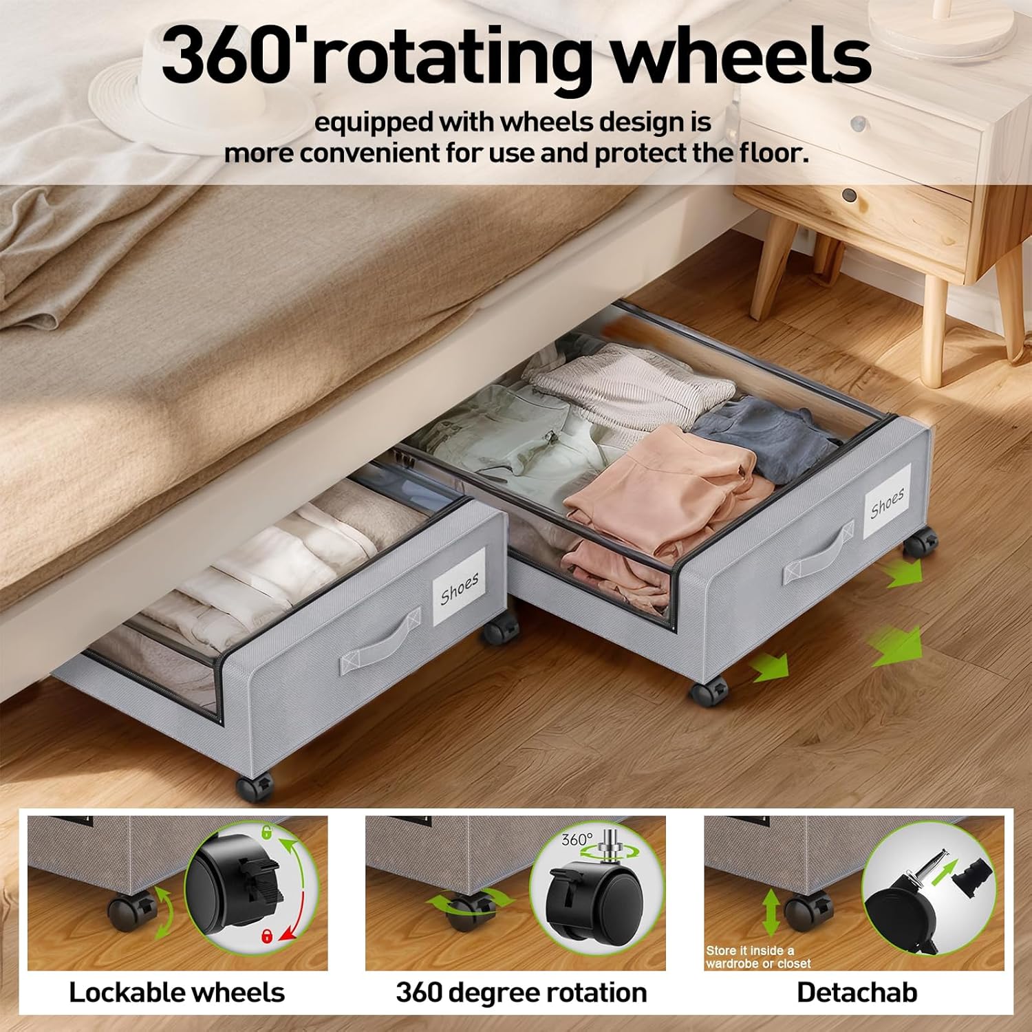 APSARAS USA Underbed Storage with Wheels, Under Bed Storage Containers with Clear Window, Rolling Drawers & Bins for Shoes Clothes in Dorm Bedroom, Easy Pull-out Black 2-Pack- Space-Saving