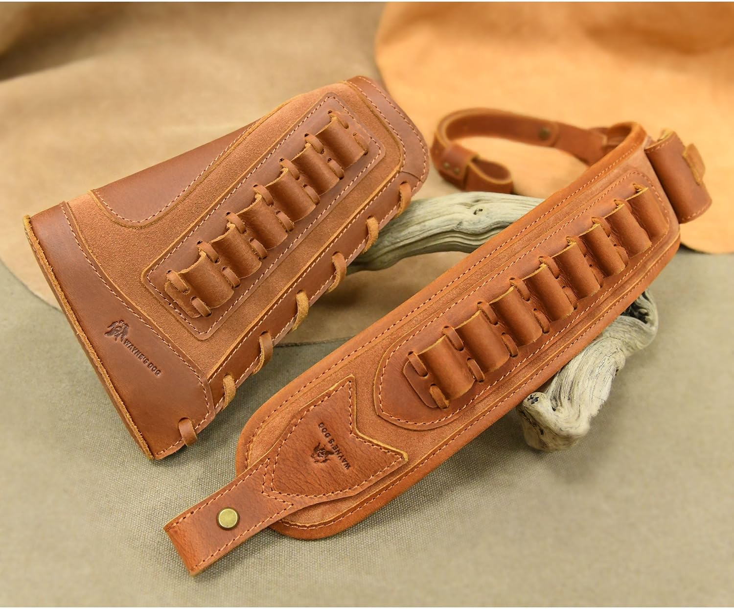 WAYNE'S DOG Leather Gun Buttstock Cheek Rest Pad with Cartridge Holders Sling for 30/30 .308 .45-70 .357mag .22LR 12 Gauge