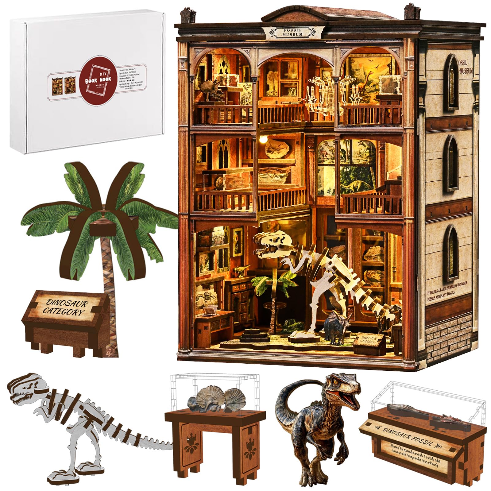 Shrike Book Nook Kit - DIY Miniaturhaus, 3D-Puzzle Buchstütze mit LED-Beleuchtung | Bücherregal & Hausdekoration Bastelfans, Familie und Freunde（Dinosaurierfossilienmuseum）