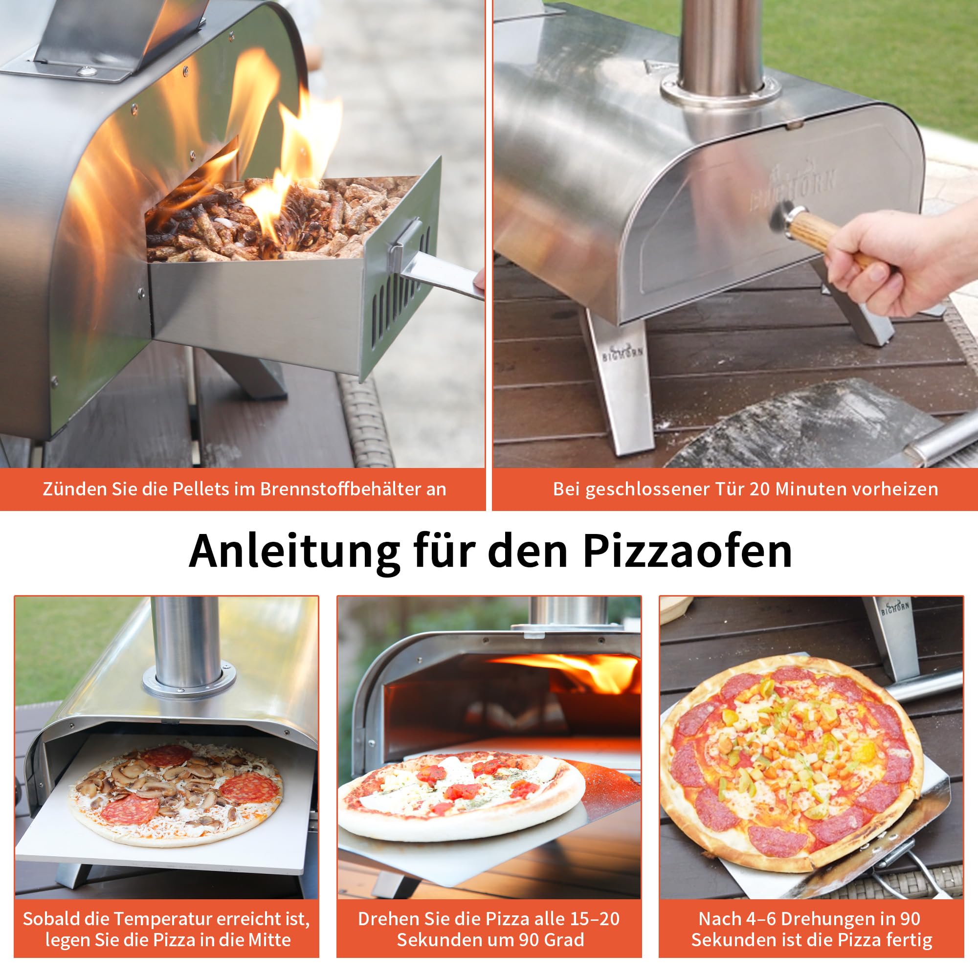 BIG HORN OUTDOORS Pizzaofen für Holzpellets, tragbarer Edelstahl-Pizzagrill