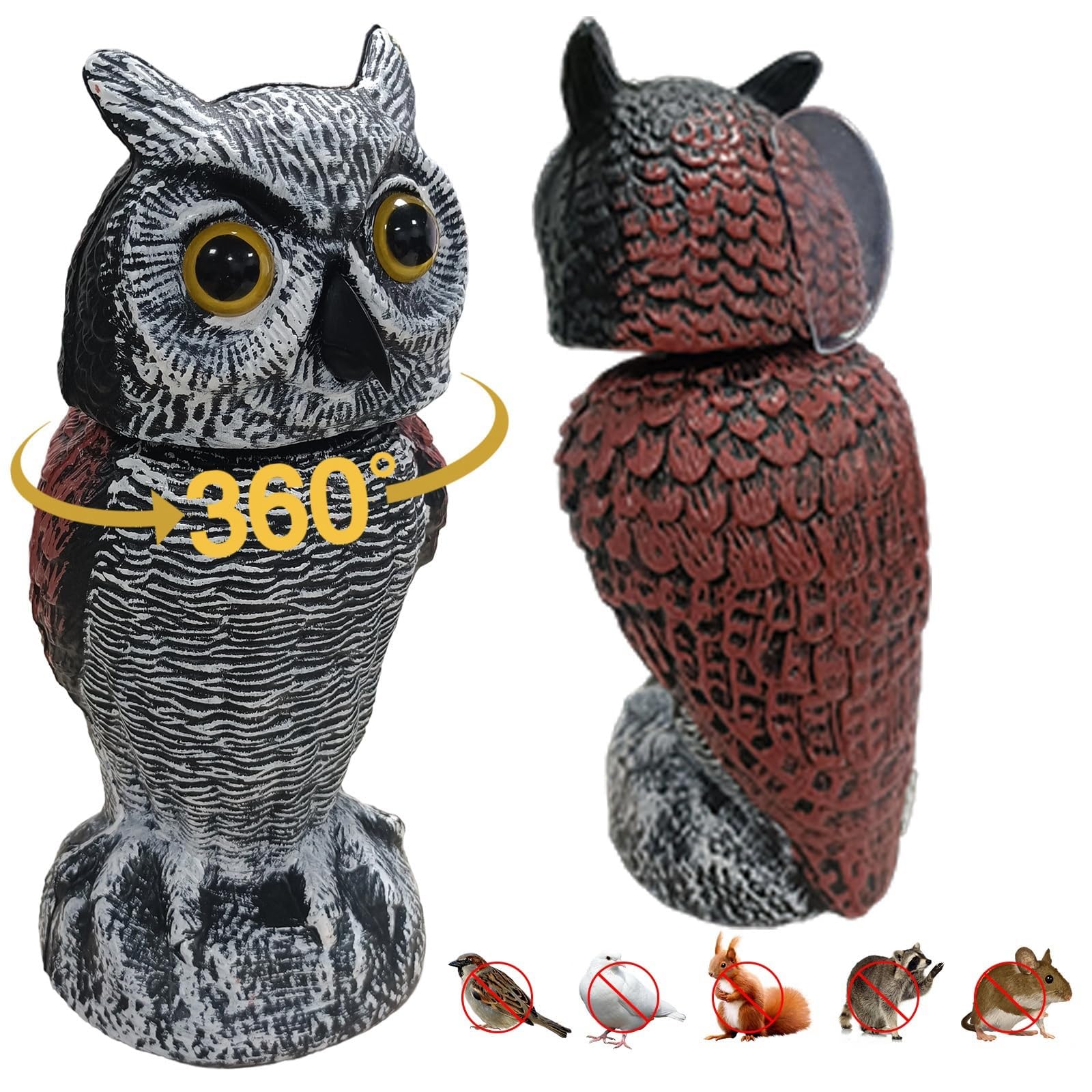 Photo 1 of RGBRW Fake owl Statue Decor 1Pack with Wind Panel, Fake Owls Waterproof for Garden Plant Orchard, Plastic owl Decor for Outside Indoor Patio Garden Yard Home Outdoor Decor