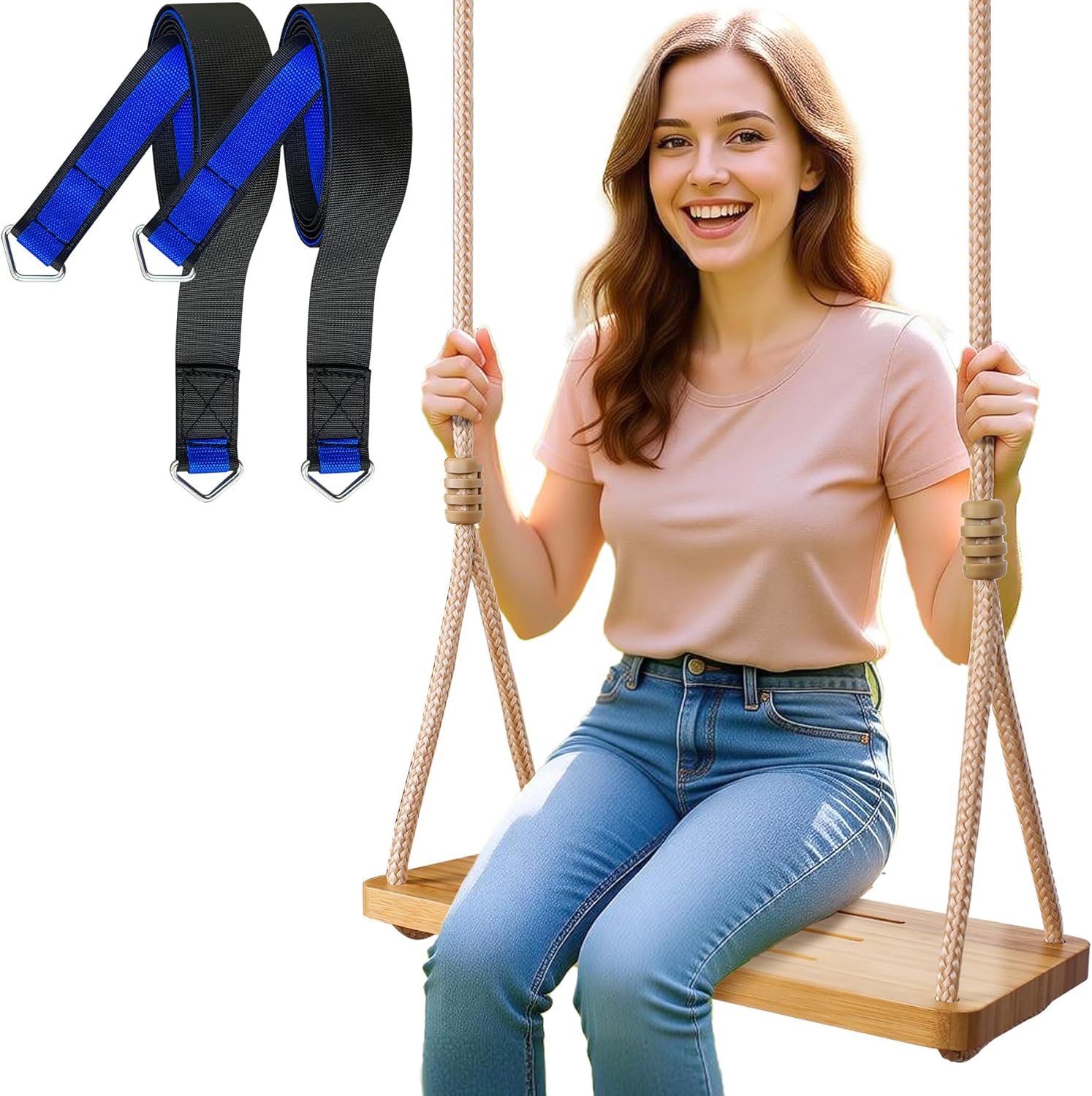 Tree Swing Seat for Adults & Kids, 500LB Capacity - Outdoor & Indoor Hanging Chair for Tree, Porch, Playset - Includes 1 Bamboo Swing + Adjustable Ropes, No Assembly Needed