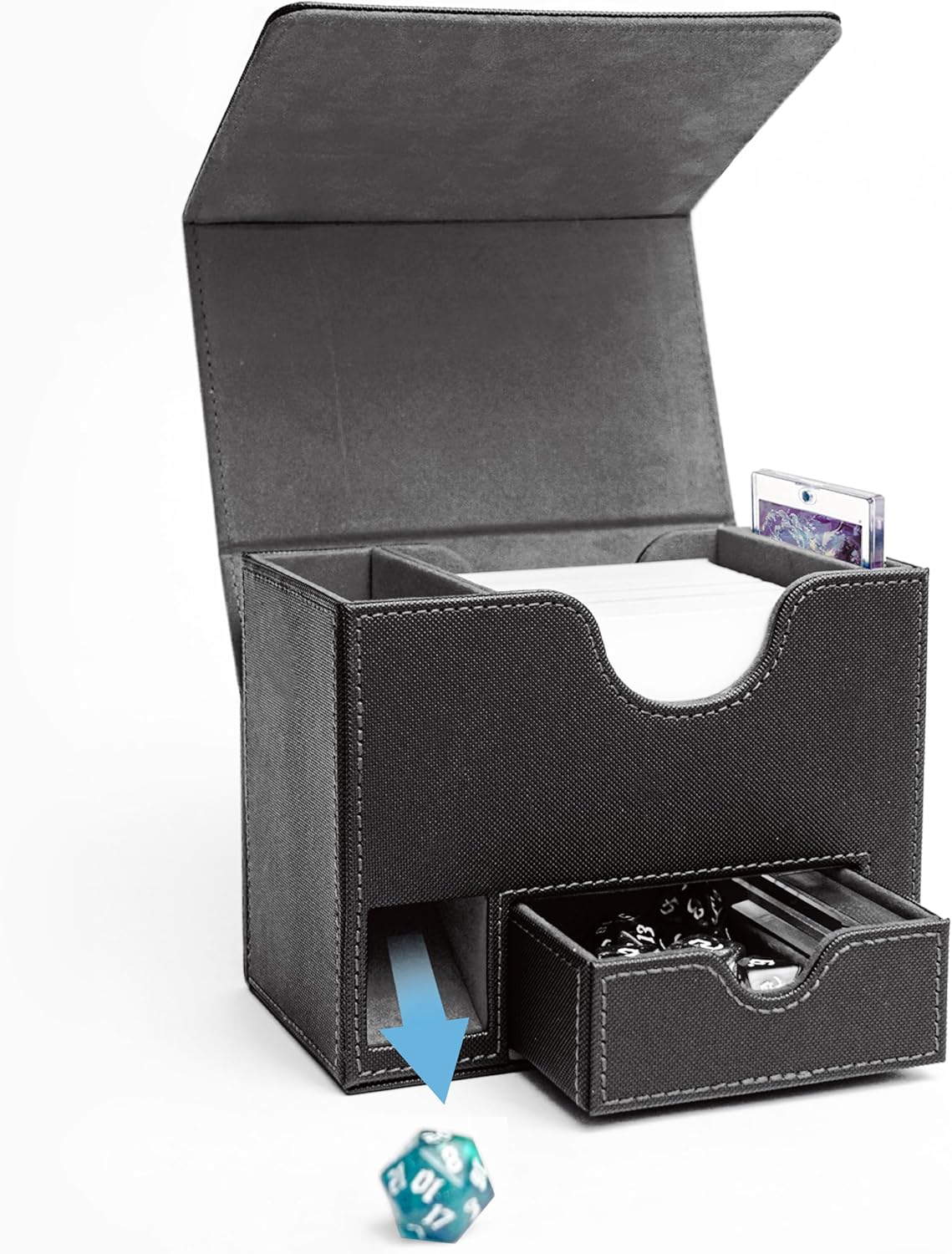 Commander Deck Box for MTG with Dice Tray - Card Deck Box Fits 100 Double-Sleeved Cards & 35PT Card Brick with Commander Display & Magnetic Holder for TCG/CCG Games-Black/Grey