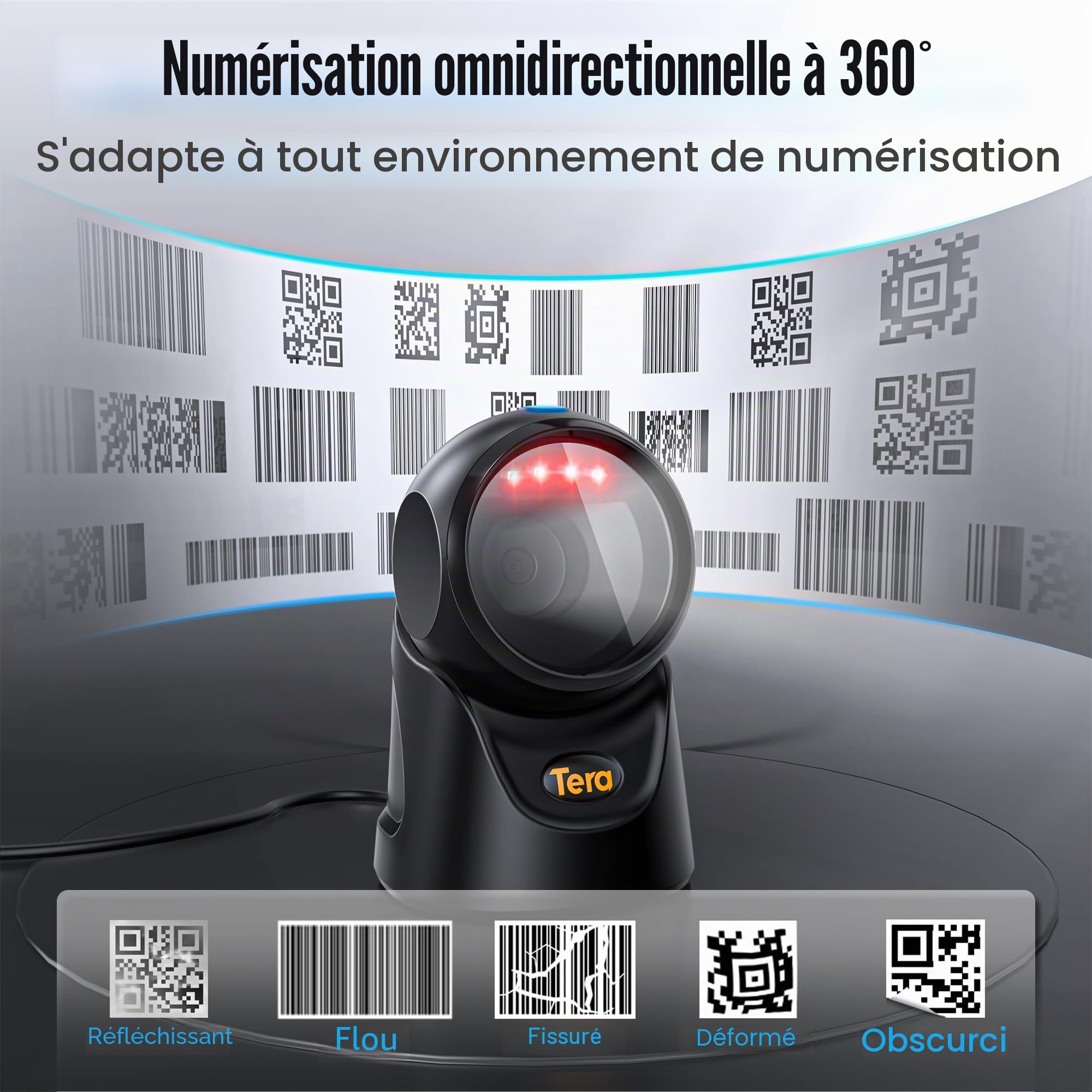 Tera Lecteur de codes-barres omnidirectionnel : lecteur de code QR 1D 2D mains libres USB filaire angle réglable, Plug and Play pour point de vente, supermarché, entrepôt, magasin de détail, hôpital