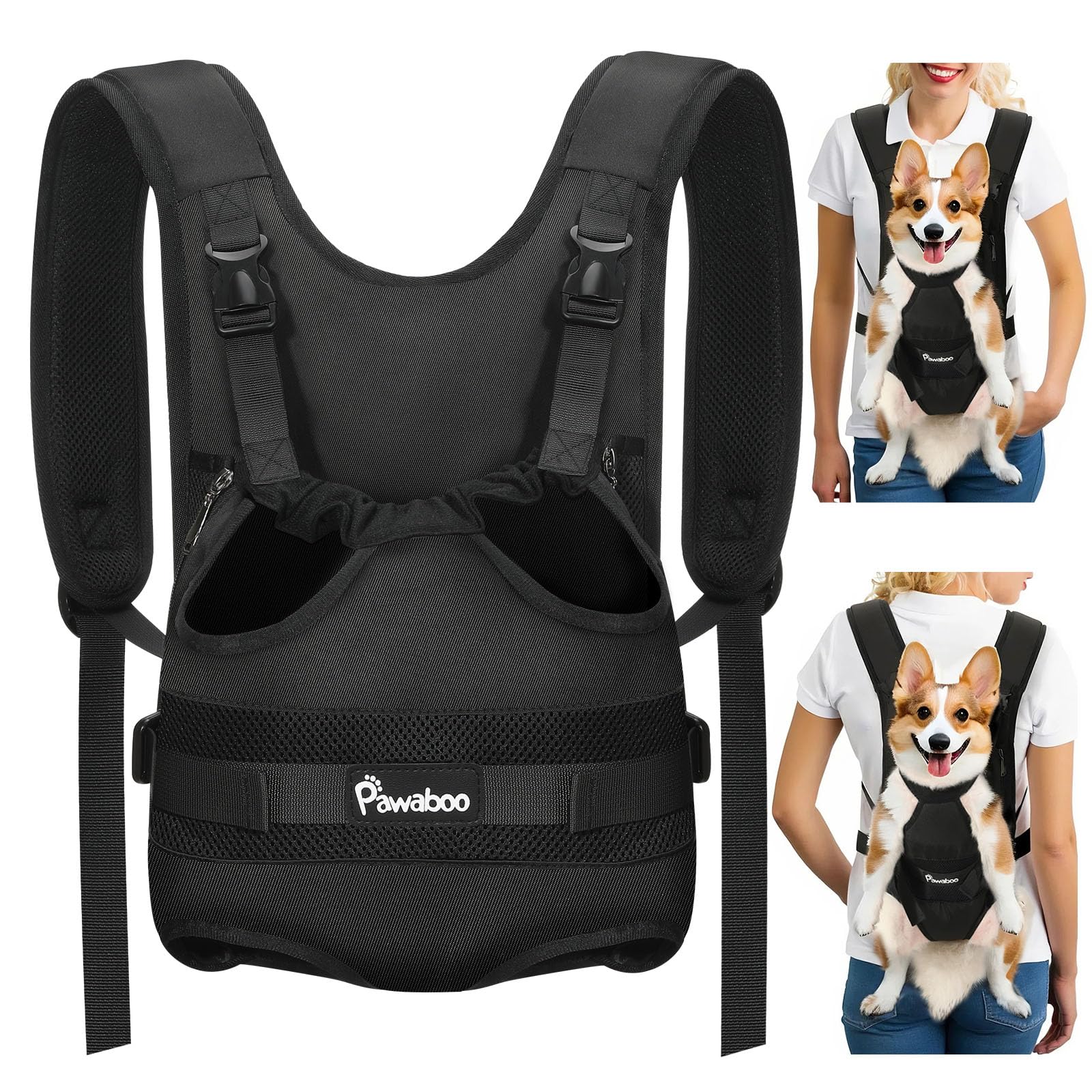 Pawaboo Zaino Frontale per Cani, Trasportino per Cani con Zampe Fuori, Pettorina Regolabile Facile da Indossare per Canis di Taglia Piccola e Media, Mani Libere per Viaggi, Escursioni, XL, Nero