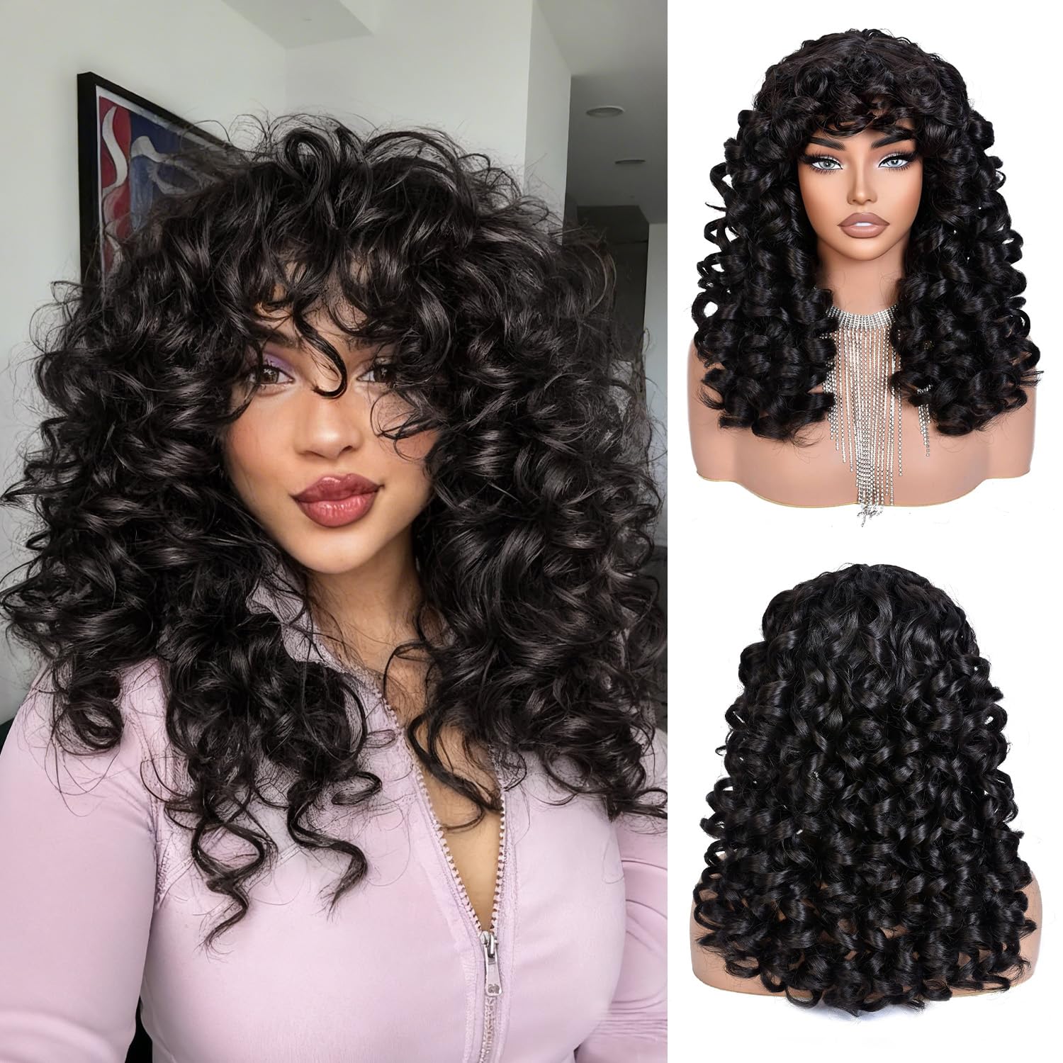 RunM Long Curly Synthetic Wig with Bangs