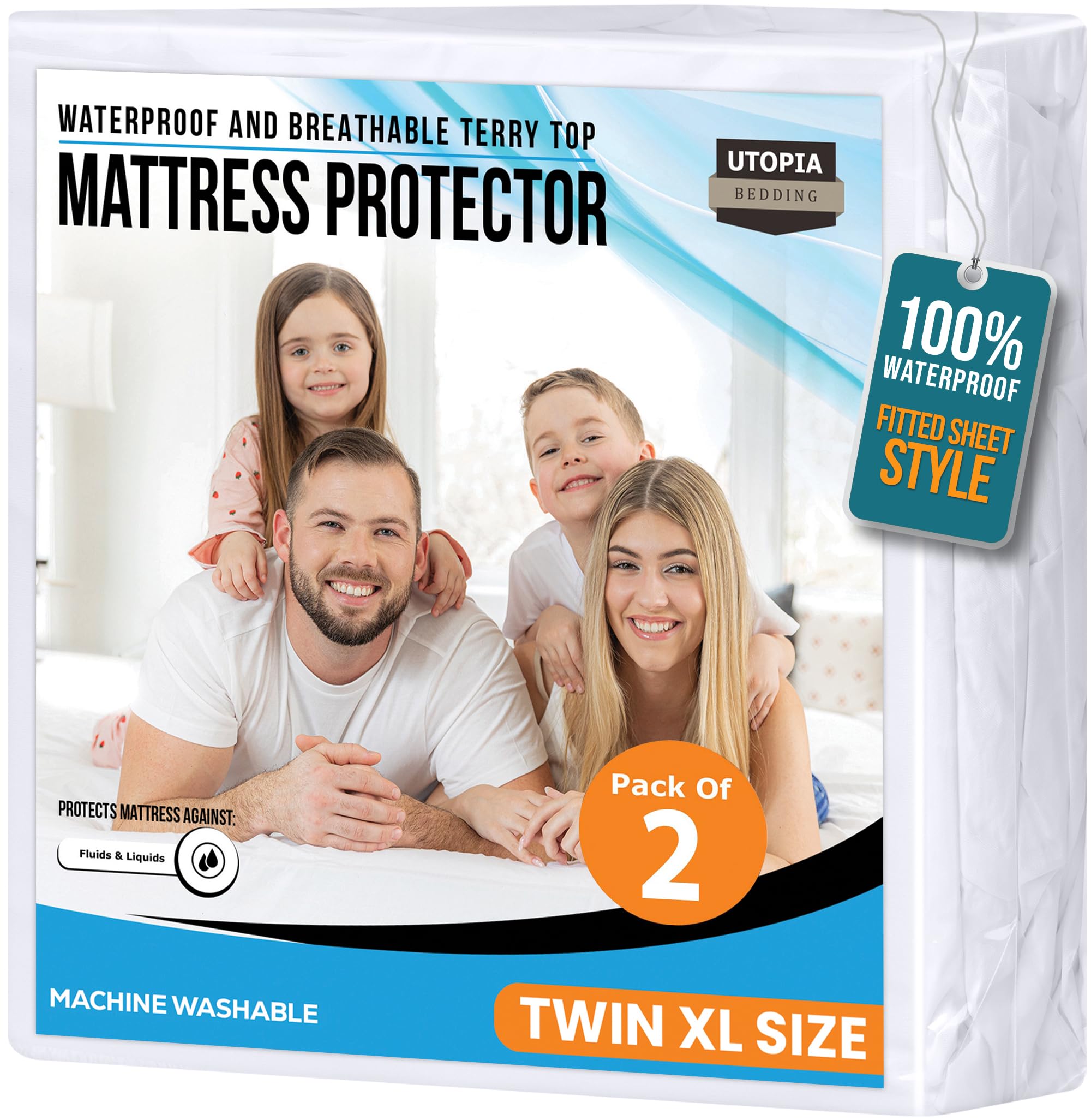 Utopia Bedding Waterproof Mattress Protector Twin XL Size 2 Pack, Premium 200 GSM Terry Mattress Cover, Soft & Breathable Bed Cover, Fitted Sheet Style with Stretchable Deep Pockets 15" (White)