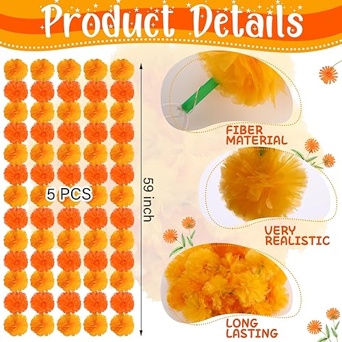 Miniatura 3 de 5 guirnaldas de caléndula de 24.6 pies con luz LED, guirnalda de caléndula artificial para decoración de flores artificiales de caléndula guirnalda