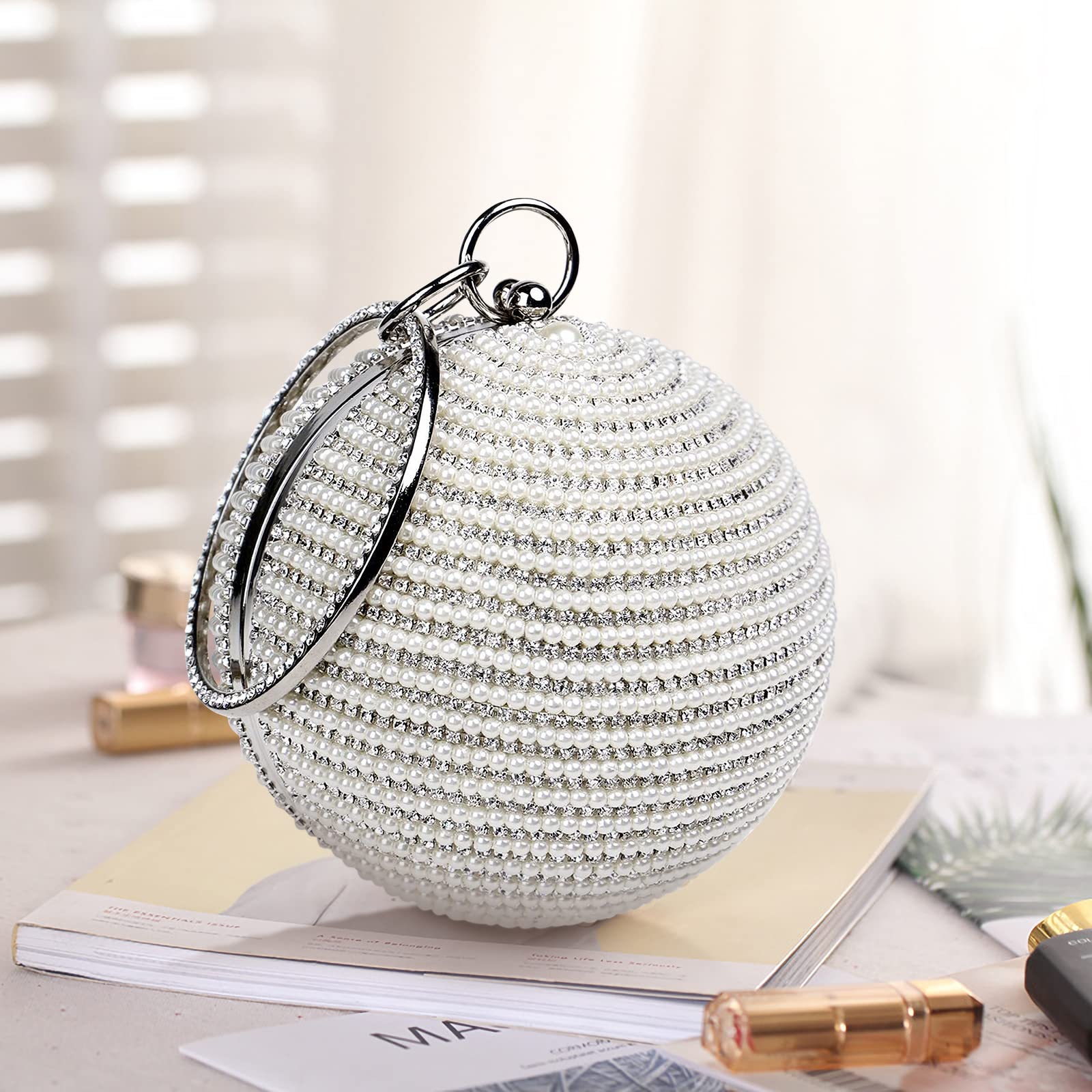 Bolso de Noche para Mujer Bola Redonda Diamantes de Imitación Clutch Perlas Cartera de Mano Embrague Bolso de Fiesta Bolsos Bandolera para Fiesta de Graduación Banquete Boda Plata