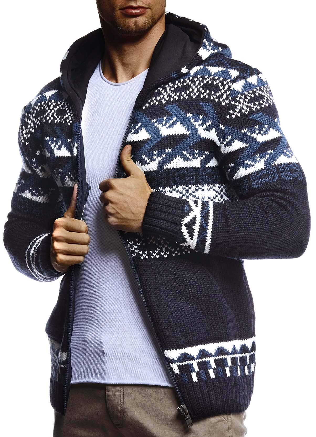 Leif Nelson Heren gebreide jas met capuchon Noors jack zwarte winterjas warm jack met capuchon mannen jas voor Kerstmis winter Noors patroon grof gebreid slim fit LN20756, blauw, S
