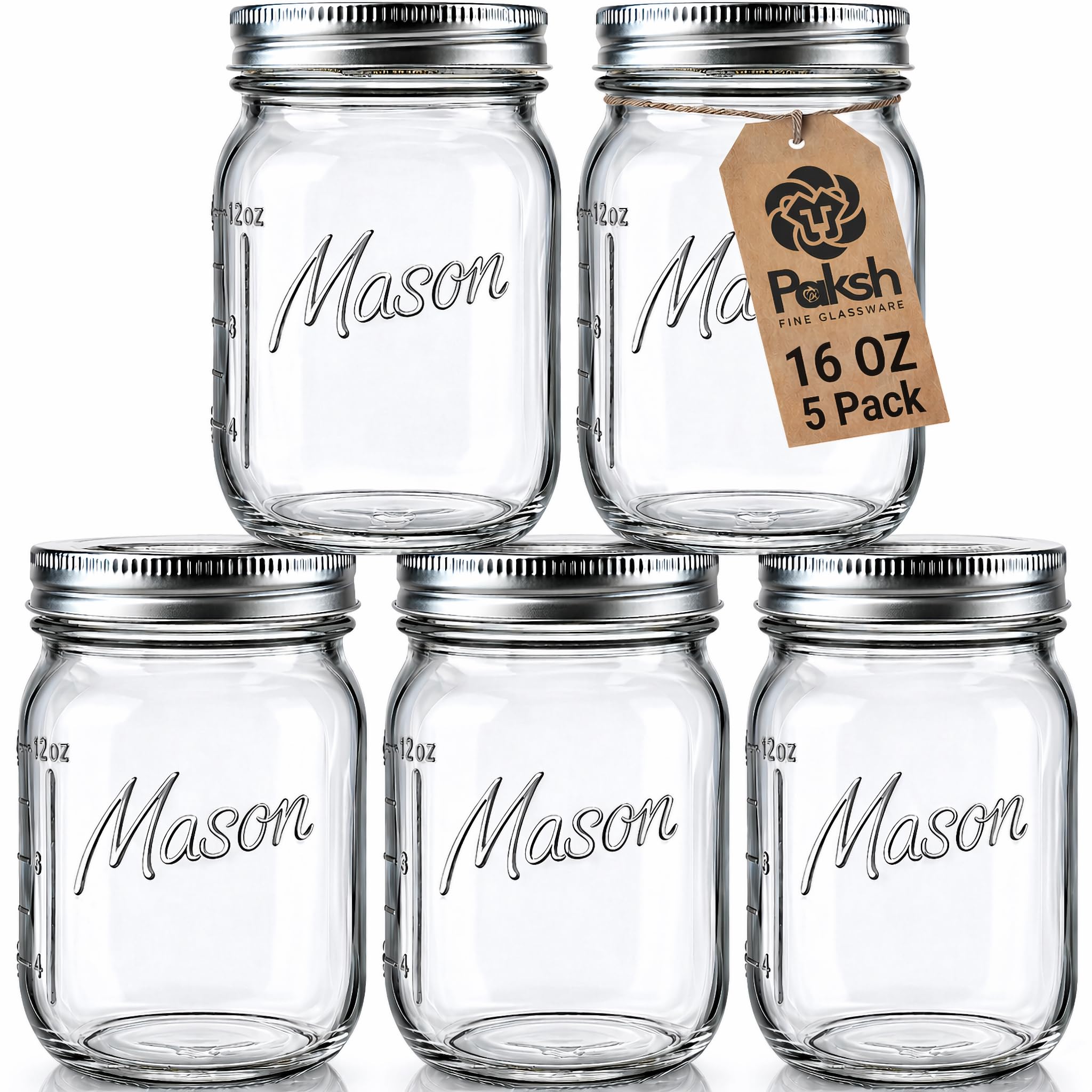 Tarros de vidrio de boca regular, 16 onzas (paquete de 5) frascos de vidrio con tapas herméticas de metal plateado y bandas con marcas de medición, para conservar, preparación de comidas, avena,